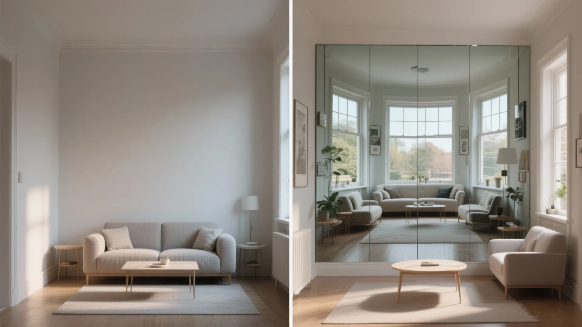 Before and after comparison showing a plain living room wall versus a large mirrored wall