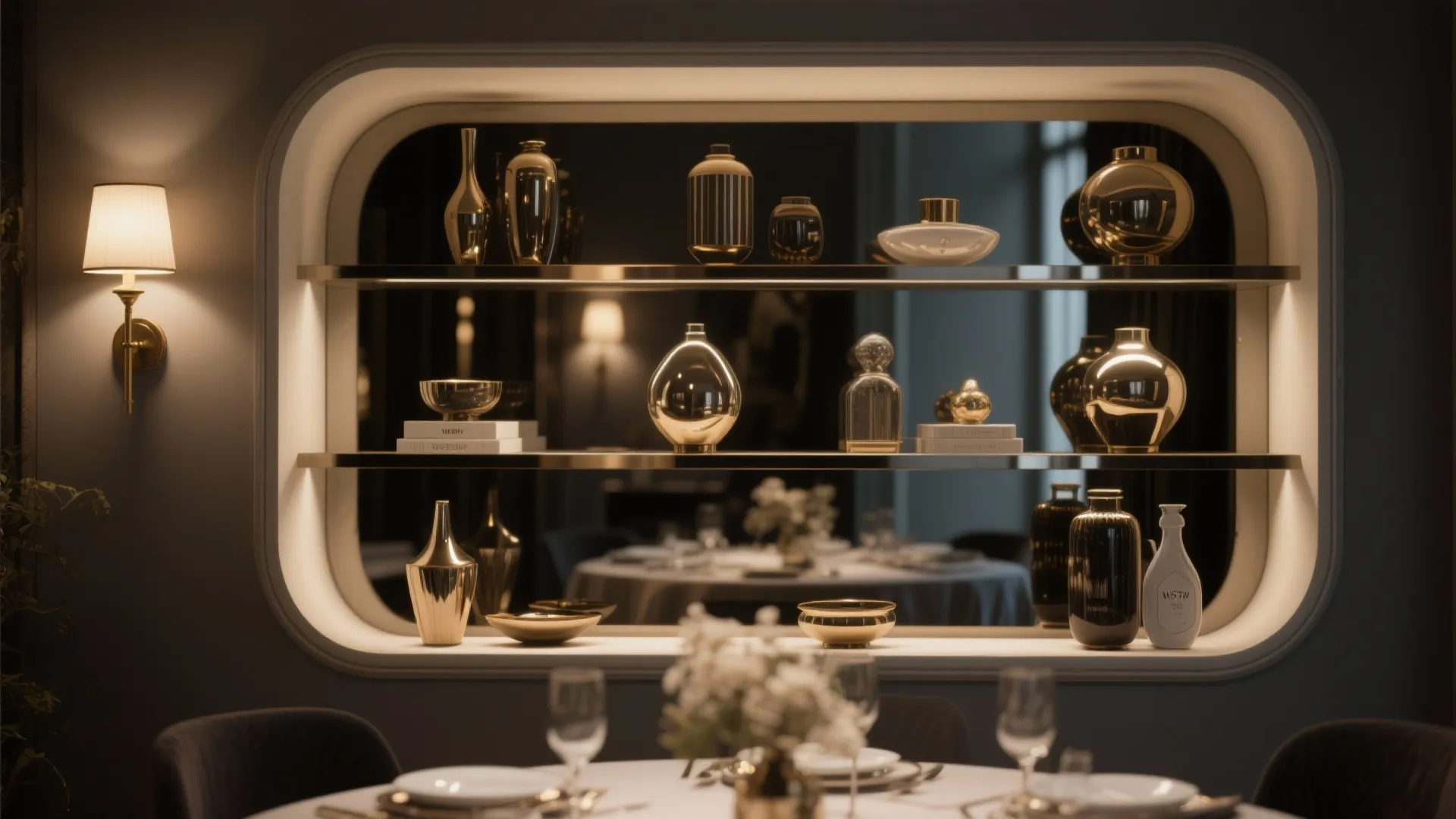 Recessed dining niche with a mirrored back doubling perceived depth and highlighting decorative objects.