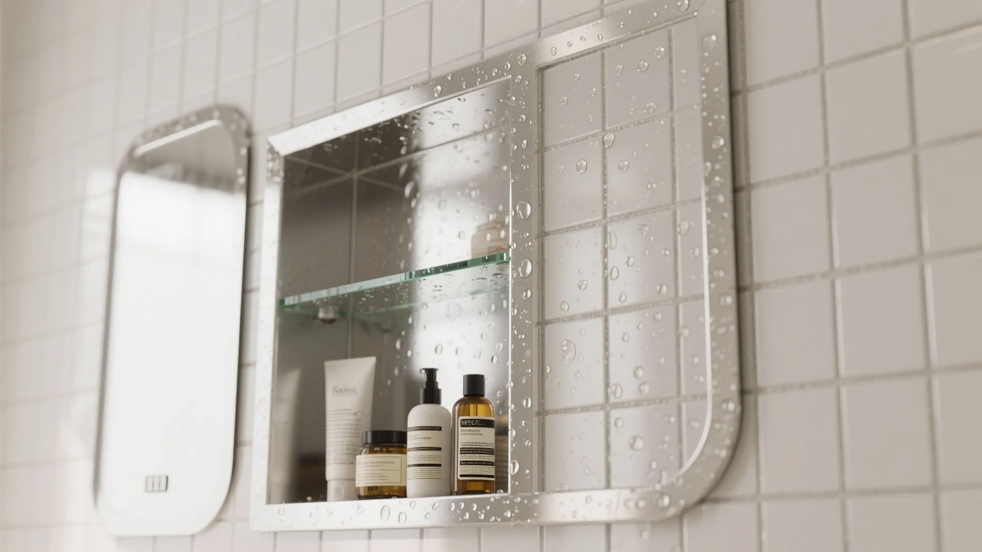 Close-up of mirrored niche and cabinet surround with neat trims and hydrophobic finish.