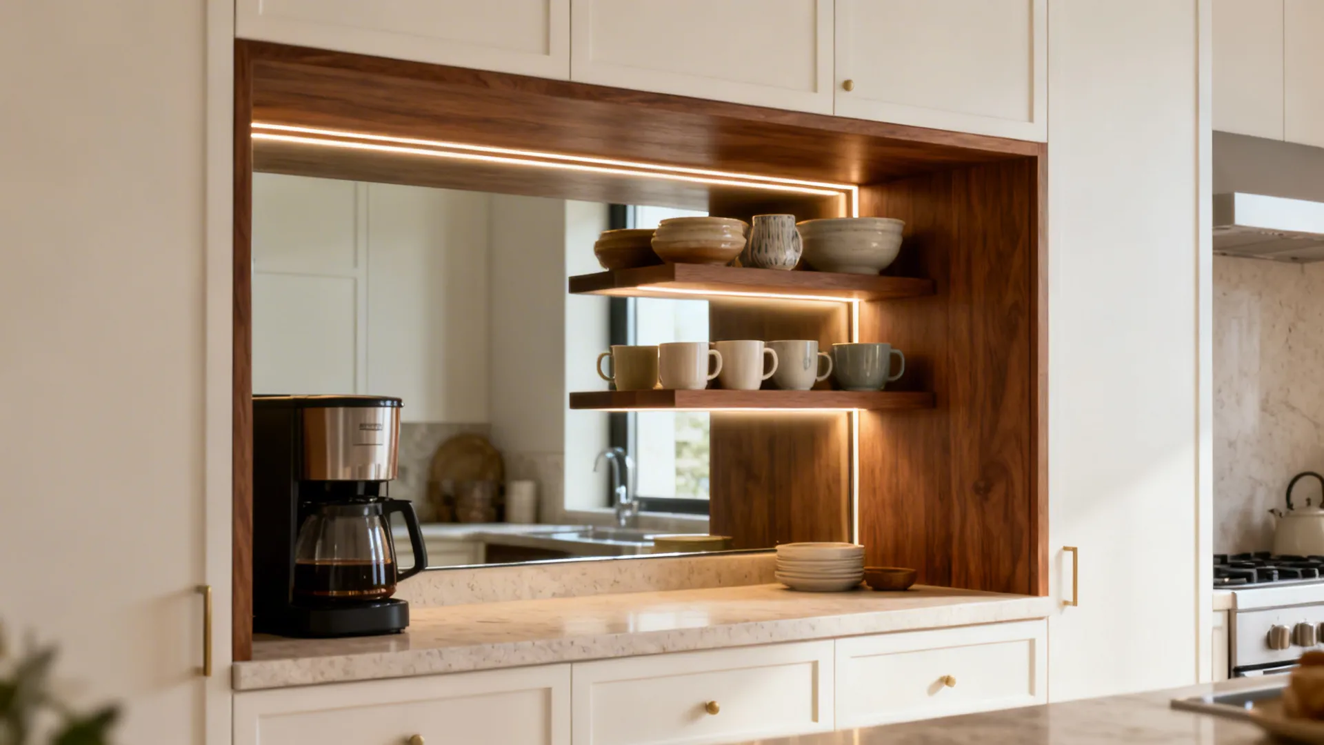 Recessed kitchen niche with mirrored back reflecting ceramics and under-shelf lighting.