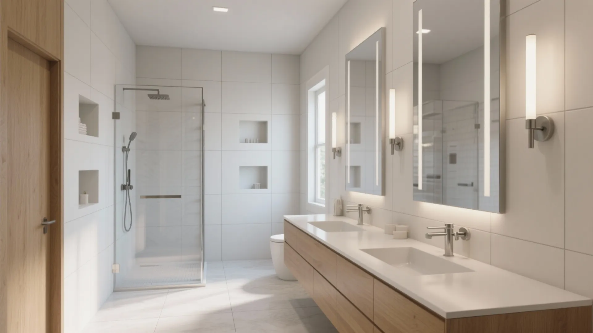 5) Built-in niches and mirrored walls: storage and light in-plane