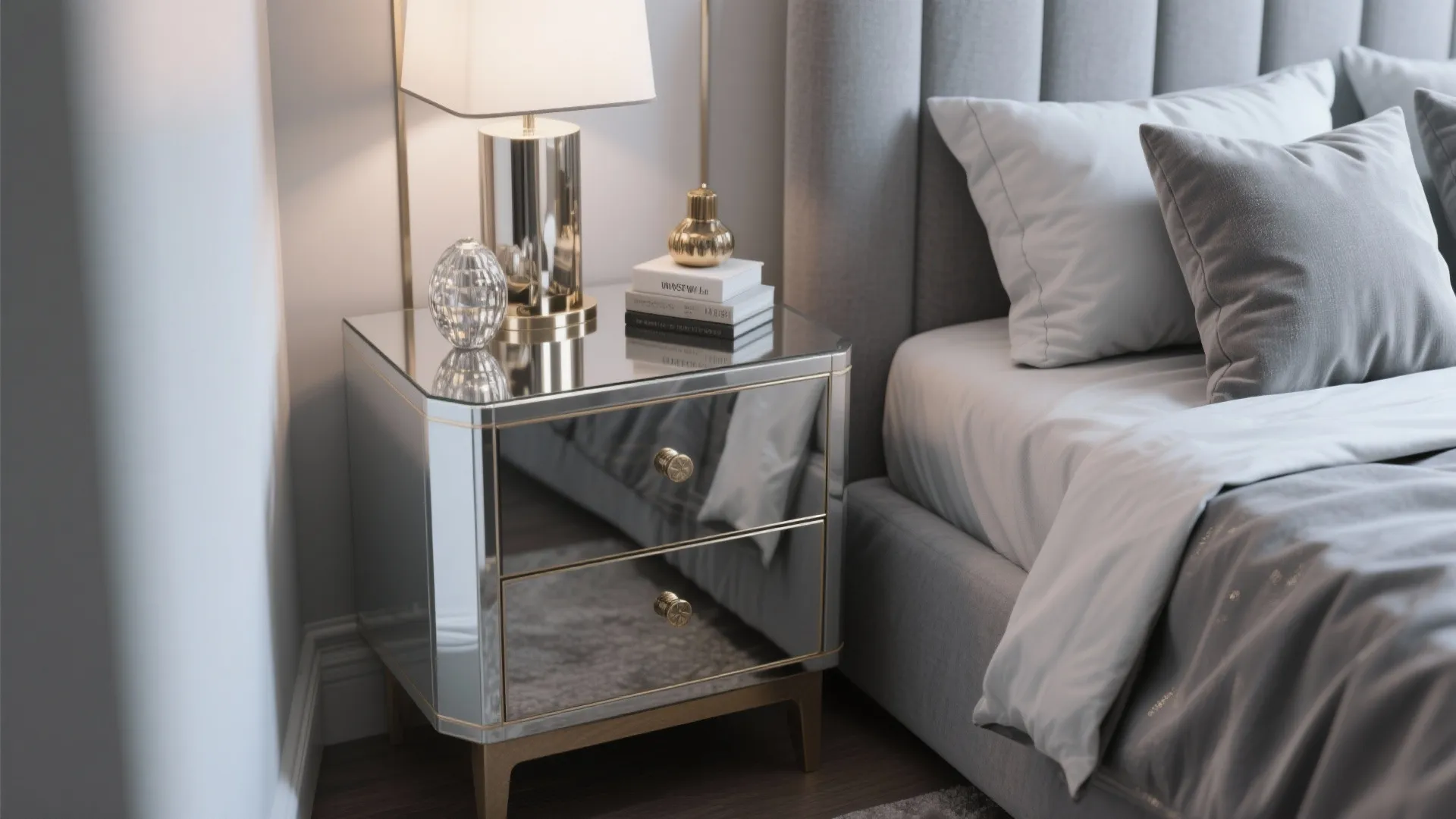 5. Sleek Grey and Mirrored Furniture