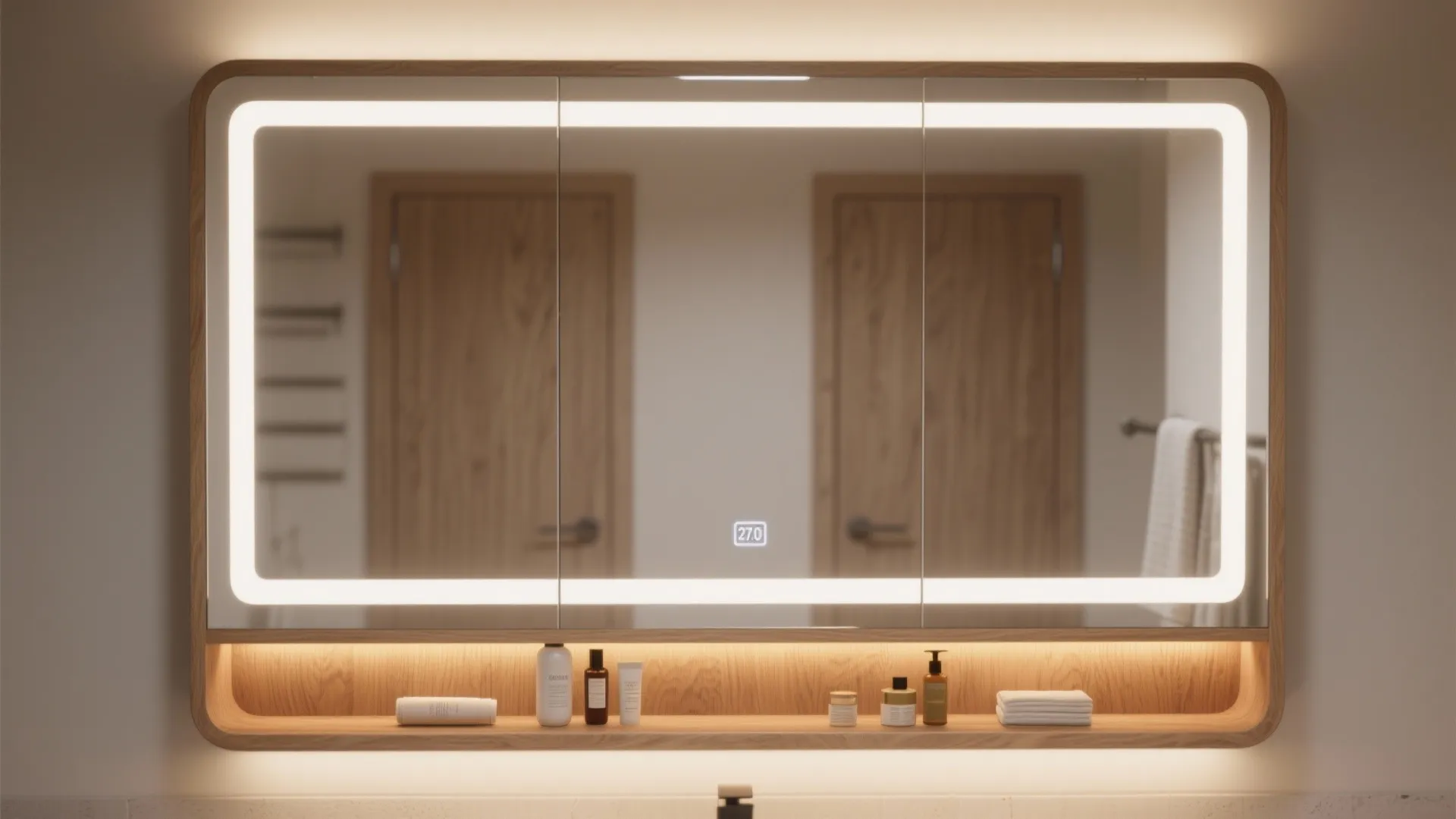 White oak framed mirrored cabinet with integrated warm LED lighting and anti-fog detail.