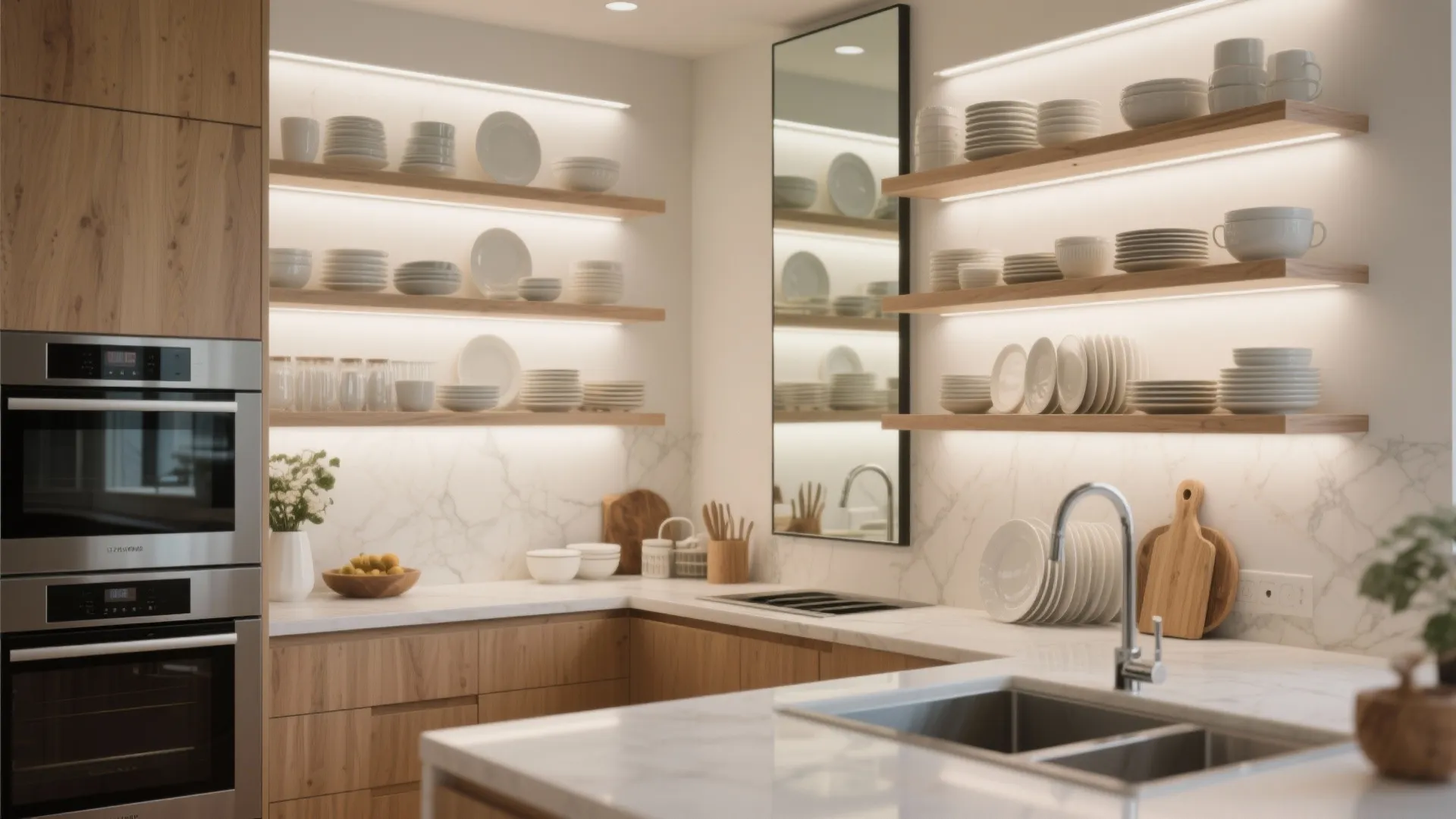 Kitchen with open wood shelves white plates marble wall background sink and built in oven