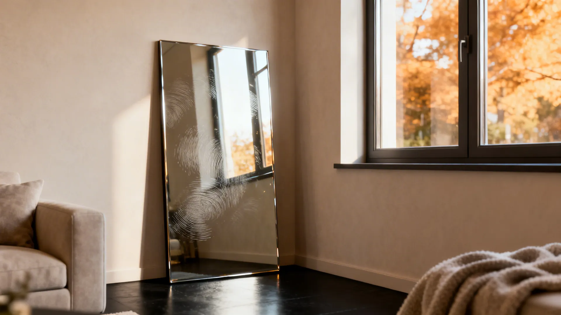 Mirrored panel opposite a window reflecting light, paired with pale walls and dark floor for contrast.