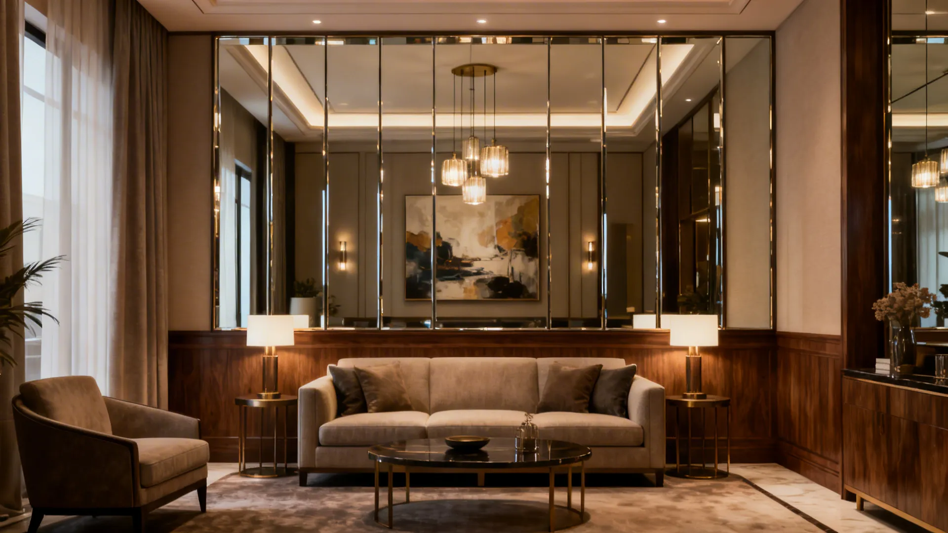 Living room with a mirrored panel behind the sofa reflecting artwork and lighting for a luxe effect.