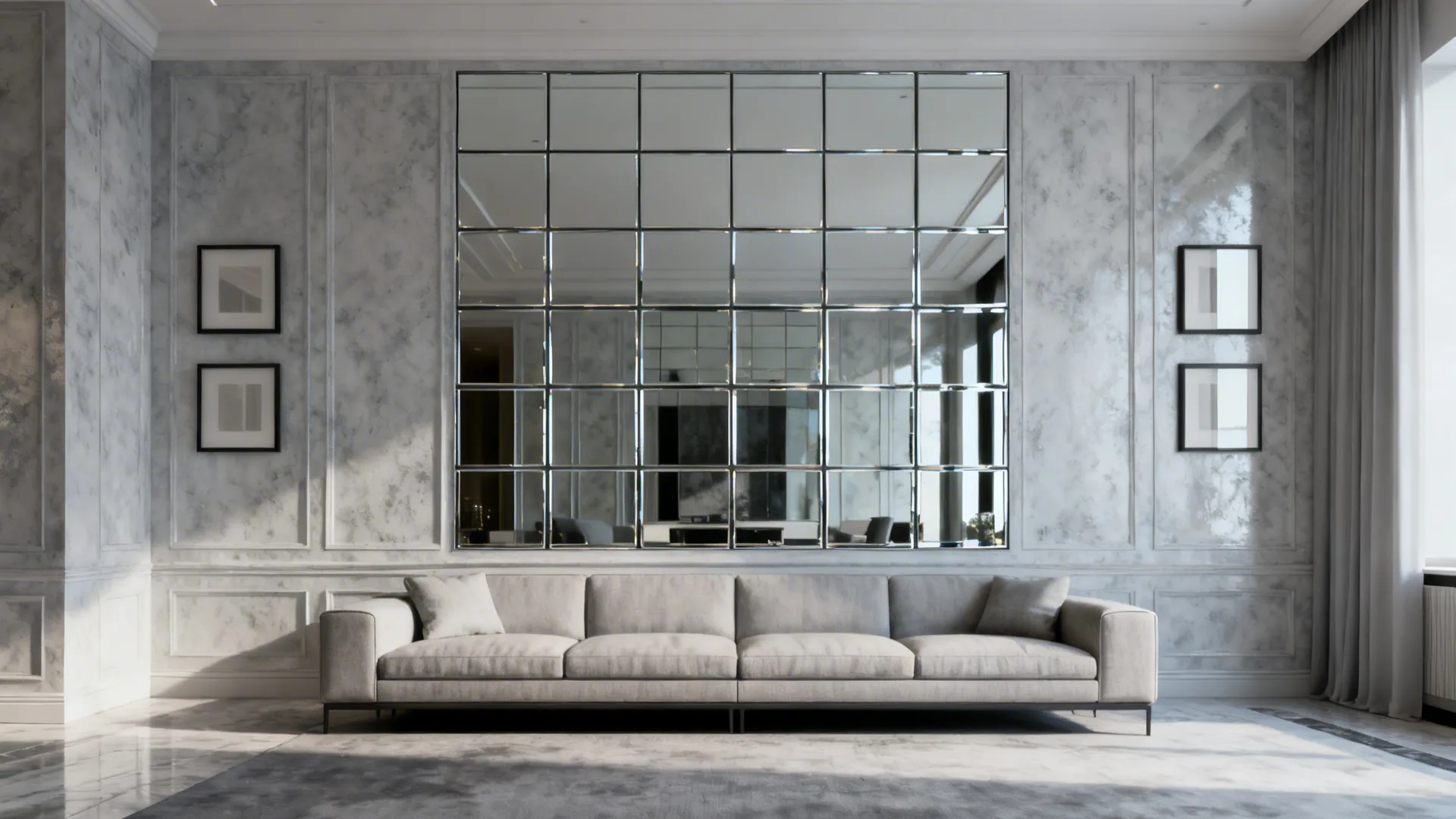 Contemporary living room with a precise grid of mirrored panels forming an architectural focal wall