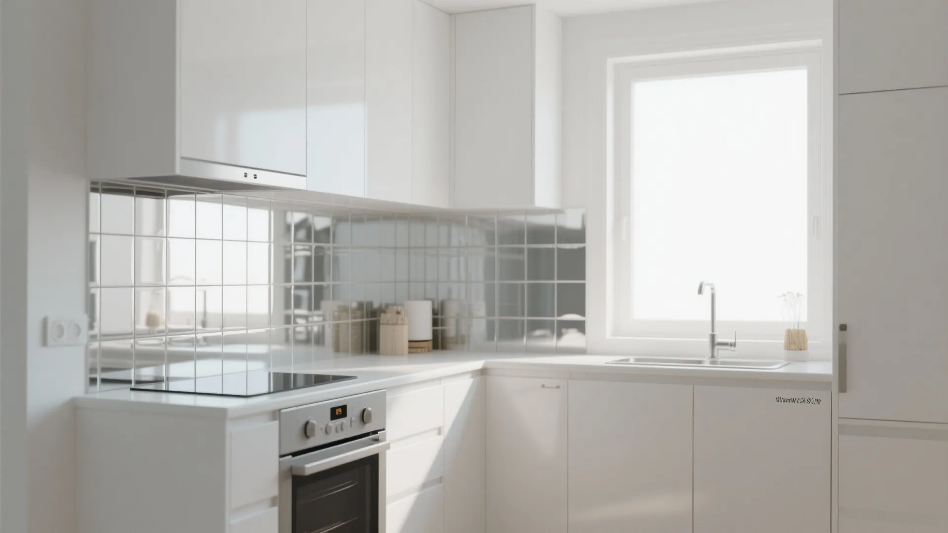 Small kitchen with mirrored backsplash reflecting natural light