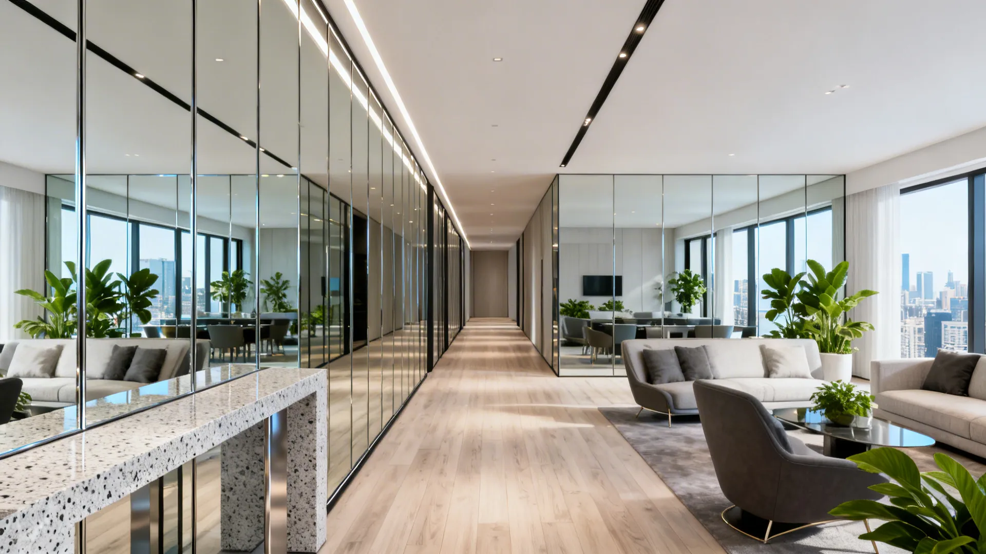 3. Mirrored Panels to Widen Narrow Rooms