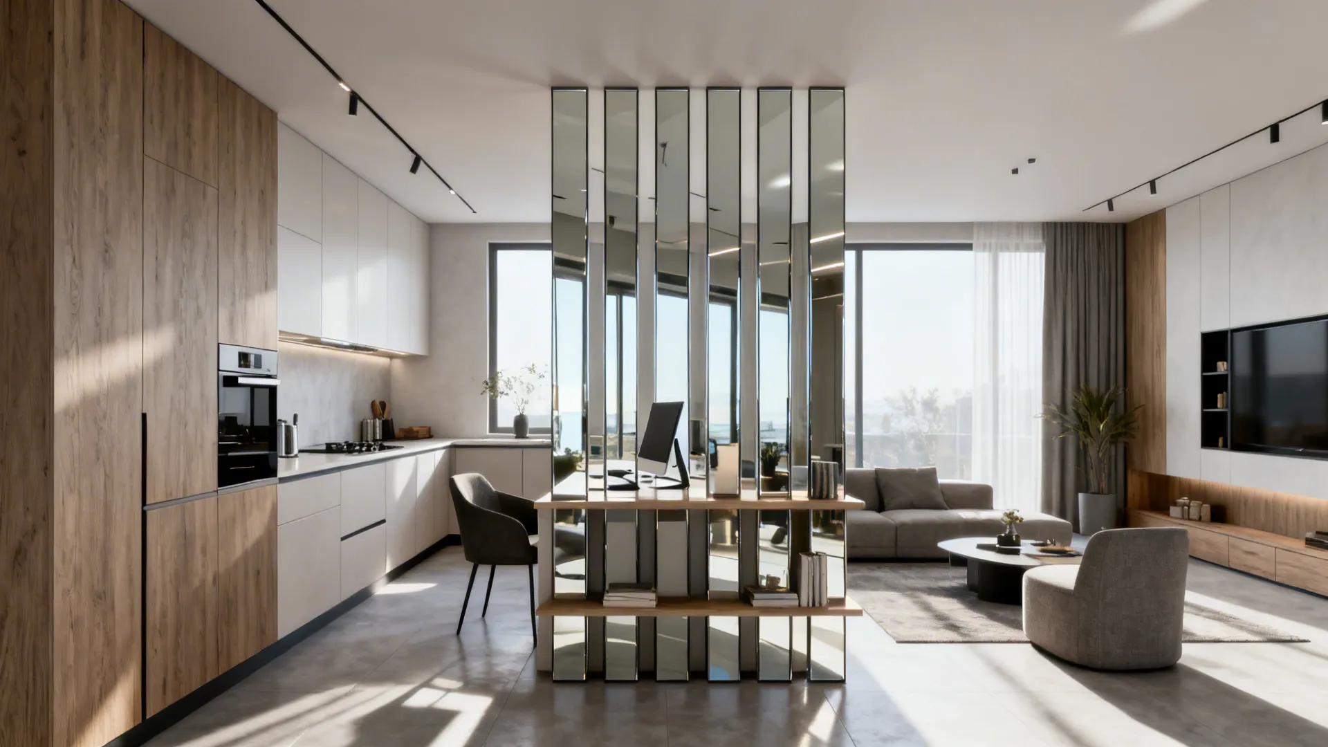 Slim vertical mirrored panels behind open shelving reflecting light in a kitchen-living combo for a sleek look.