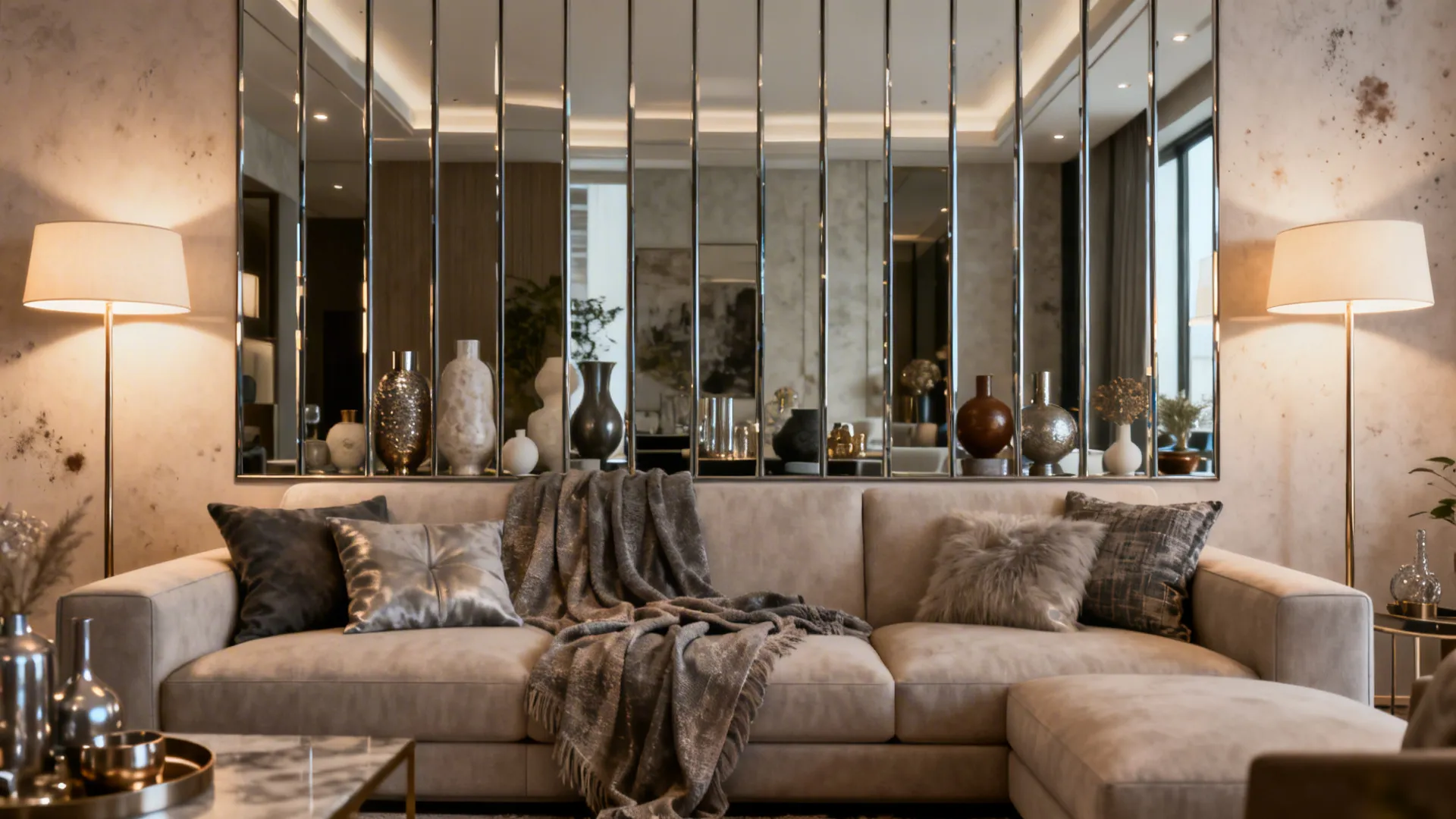 Series of narrow mirrored panels behind a sofa creating a subtle glamorous backdrop in a living room.
