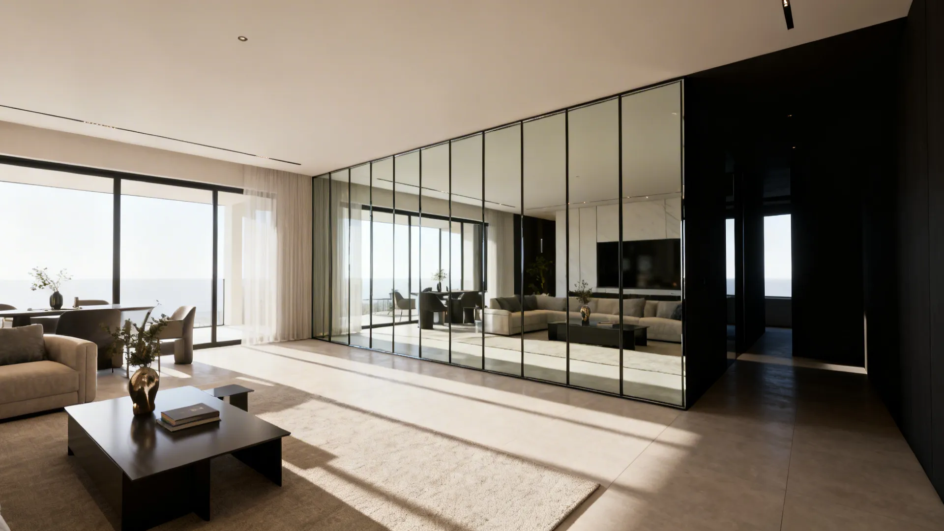 Living room with mirrored wall panels that enlarge the perceived space and reflect light.