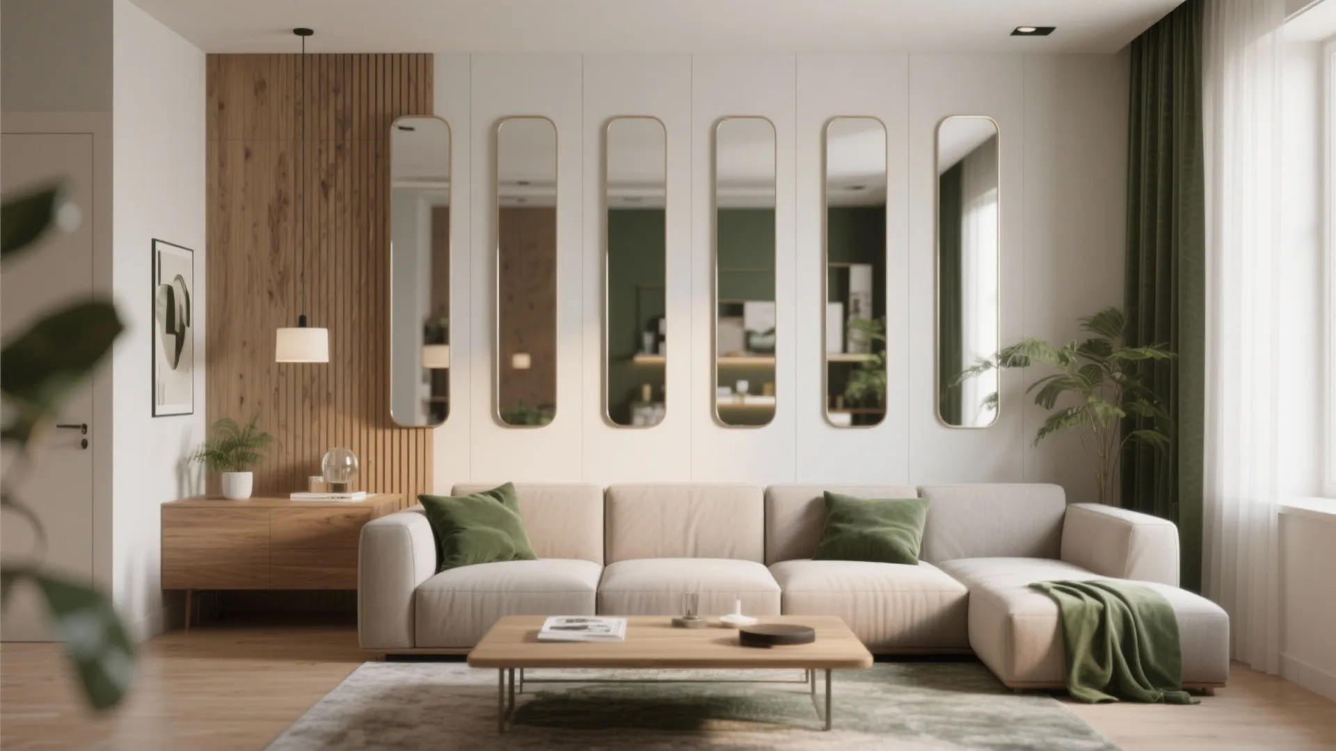 Modern living room with beige sofa green pillows wood wall panel and six narrow wall mirrors
