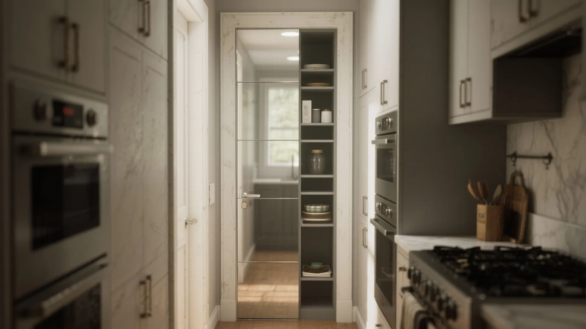 Narrow kitchen made wider by a mirrored glass pantry door that reflects light into the room.