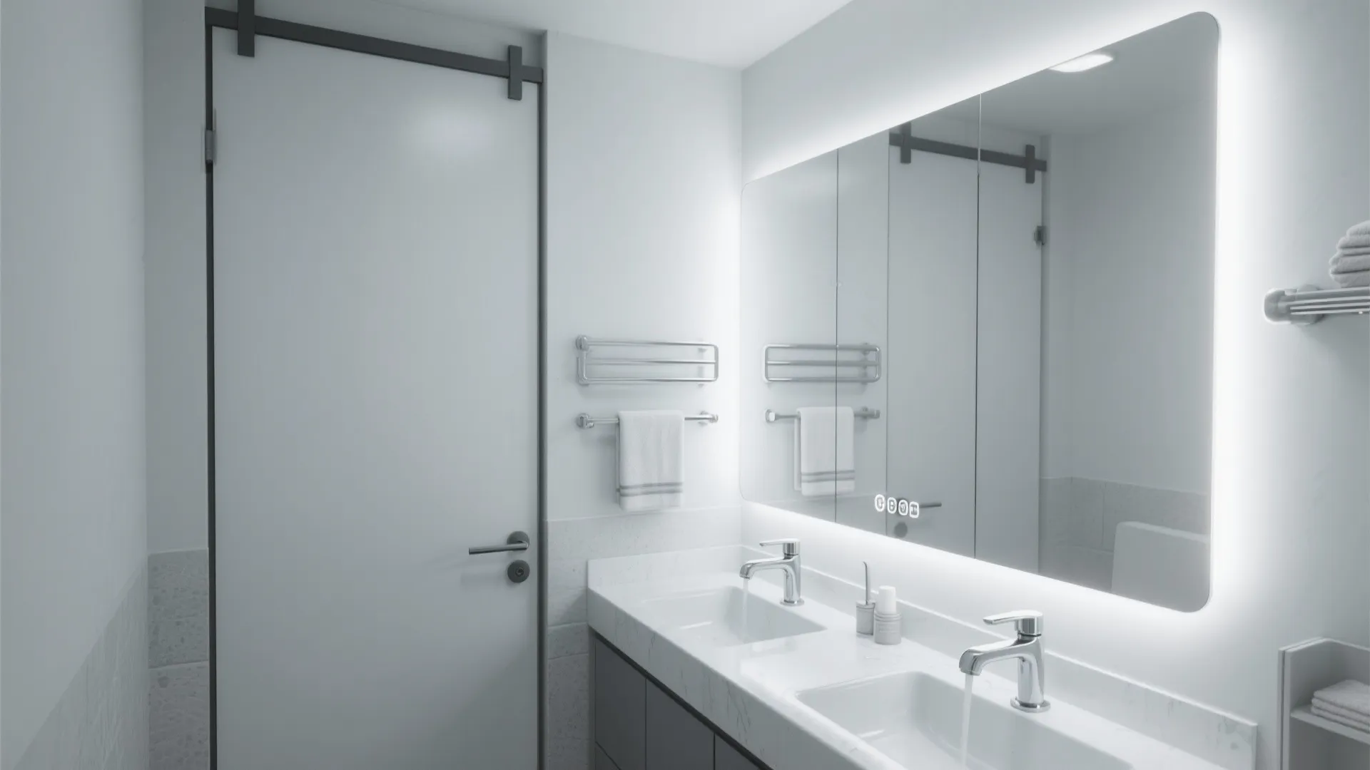 Small powder room with a full-height mirrored pocket door that visually expands the space