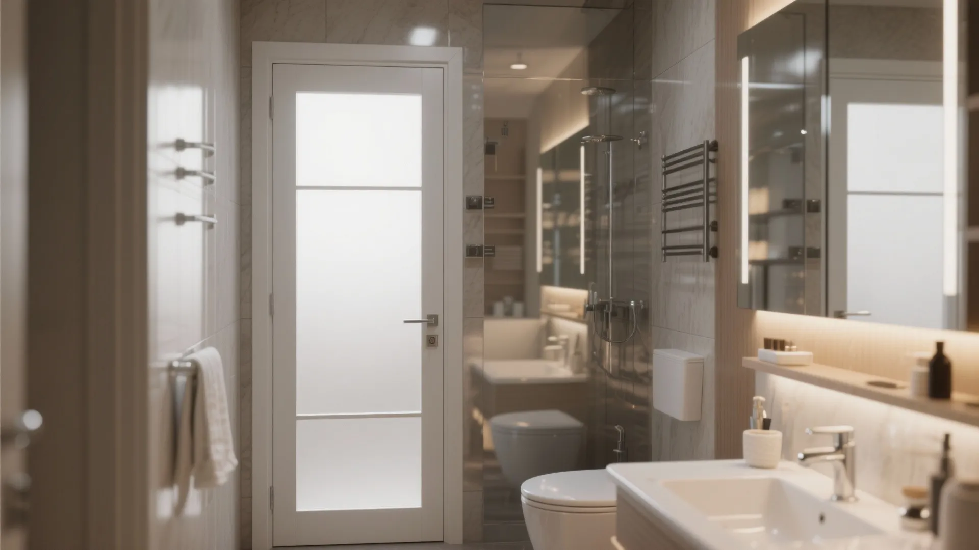 Modern bathroom featuring a white framed glass door toilet shower area mirror and warm lighting