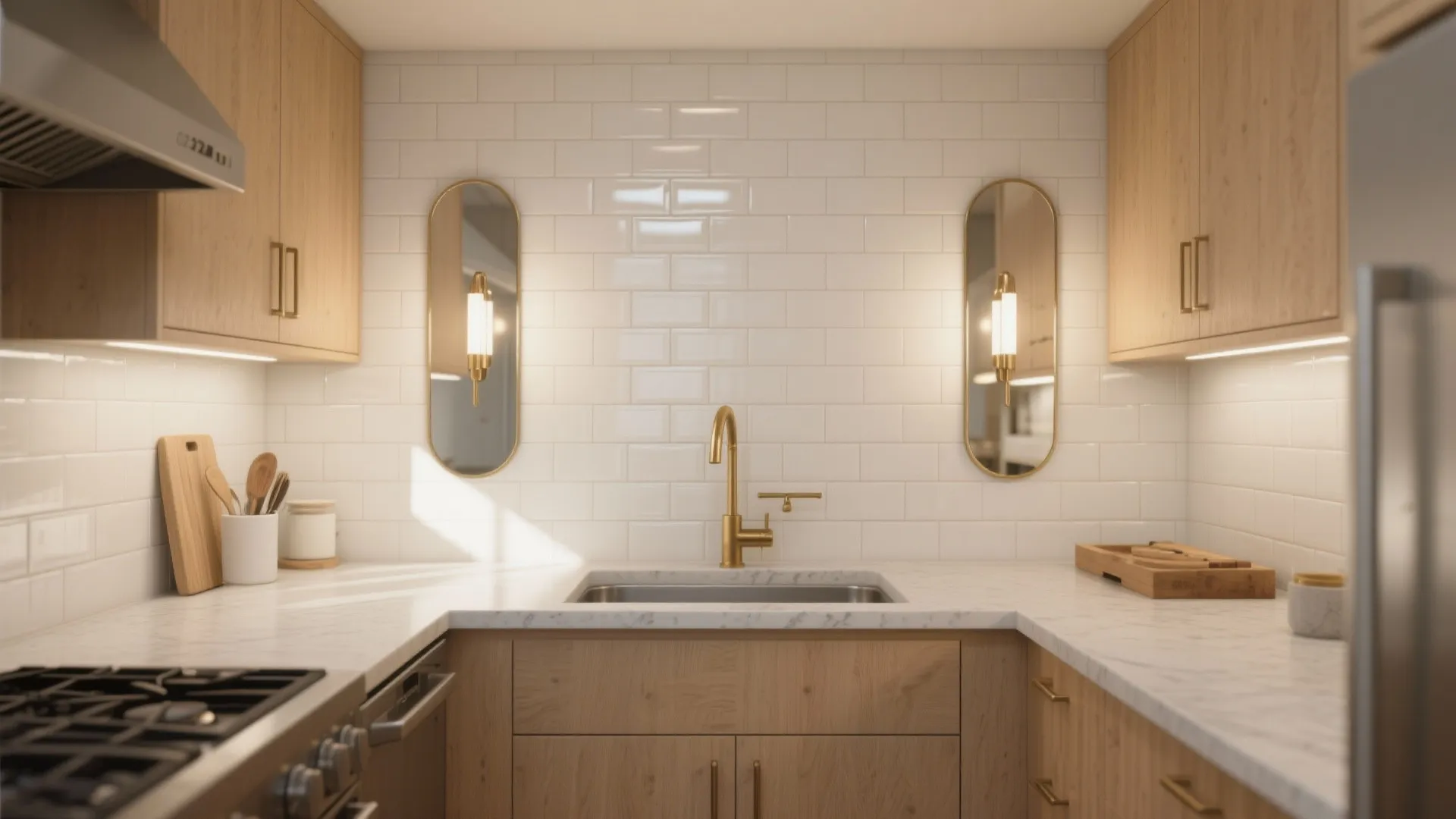 Mirrored sconces to frame the backsplash