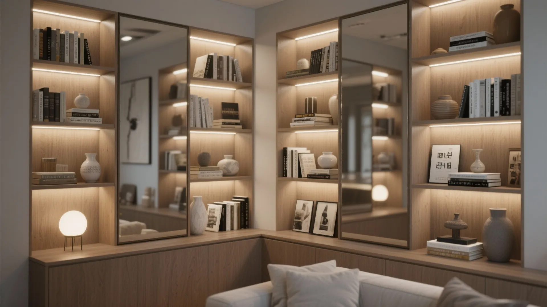 Mirrored Panels Behind Shelving or Inside Alcoves