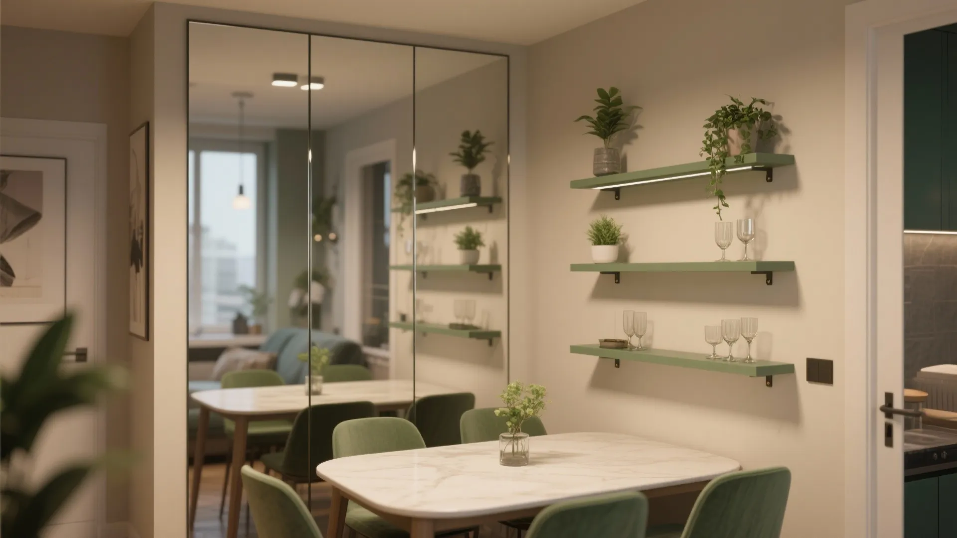 4. Mirrored panels with integrated shelving