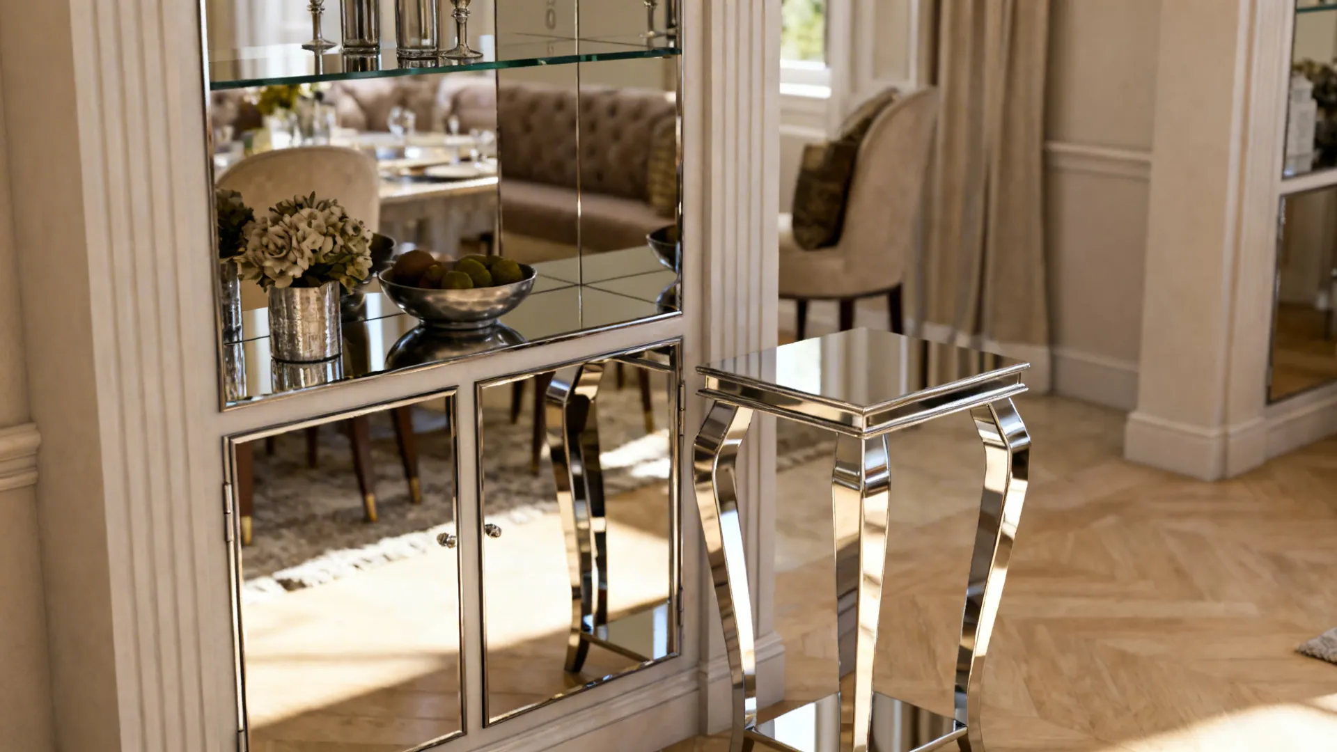 4. Mirrored shelving and furniture accents