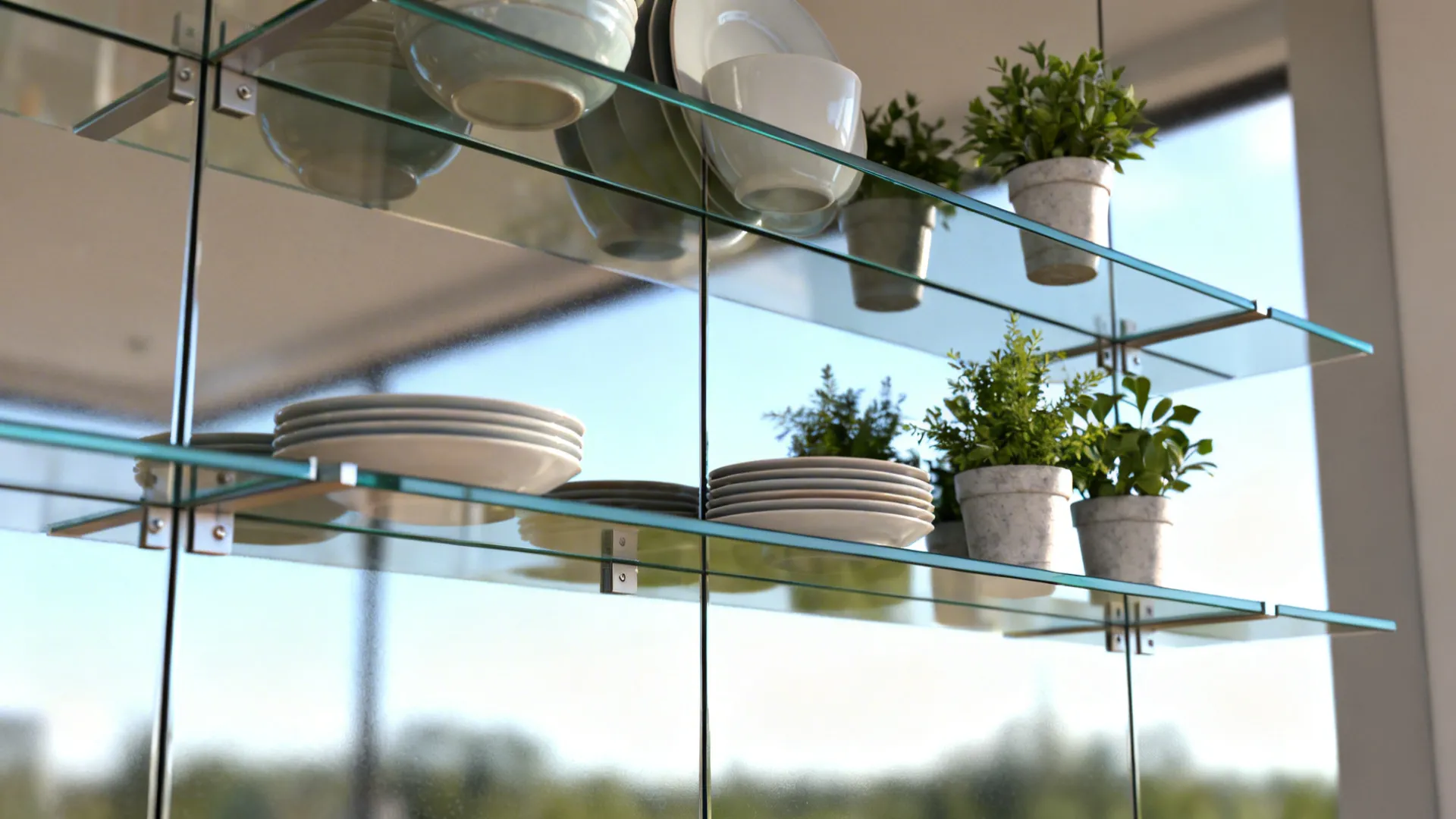 Glass wall shelves holding white plates and small green plants against a clear mirror background