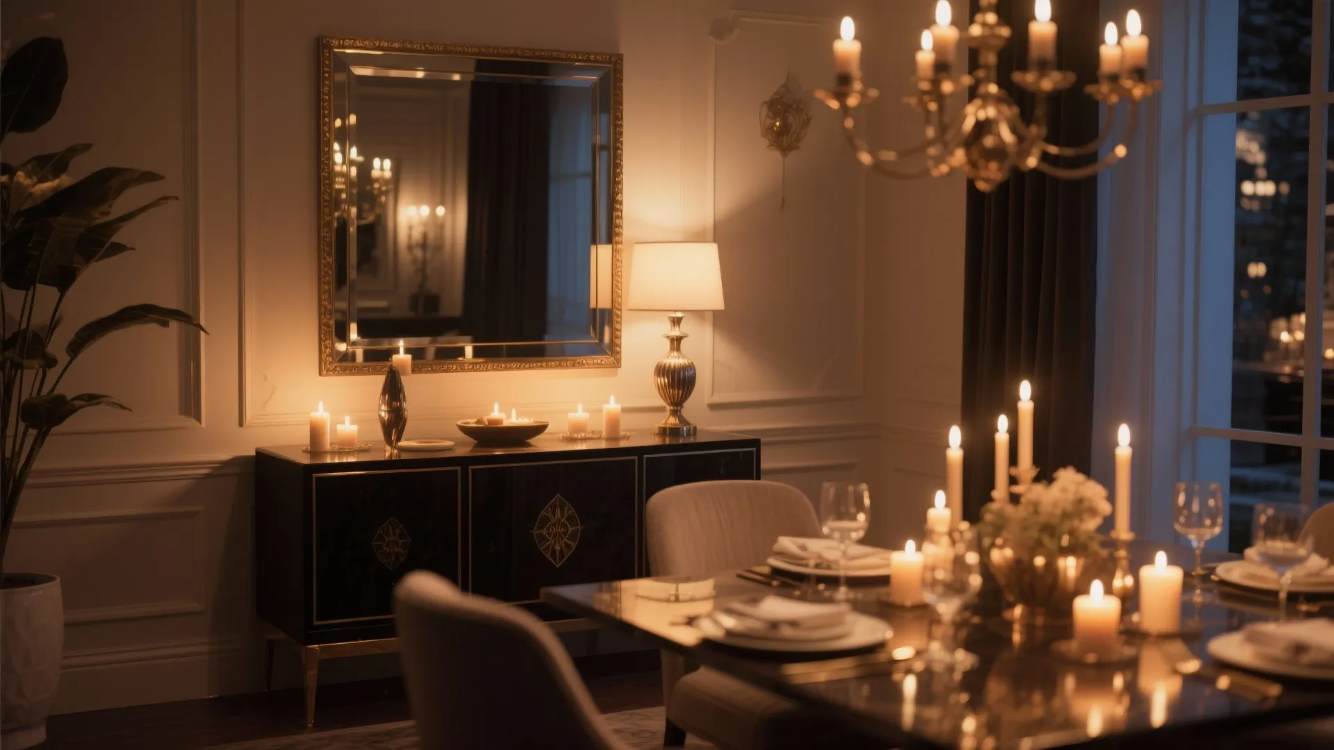 Elegant dining room with black cabinet candles large wall mirror ceiling light and table setting