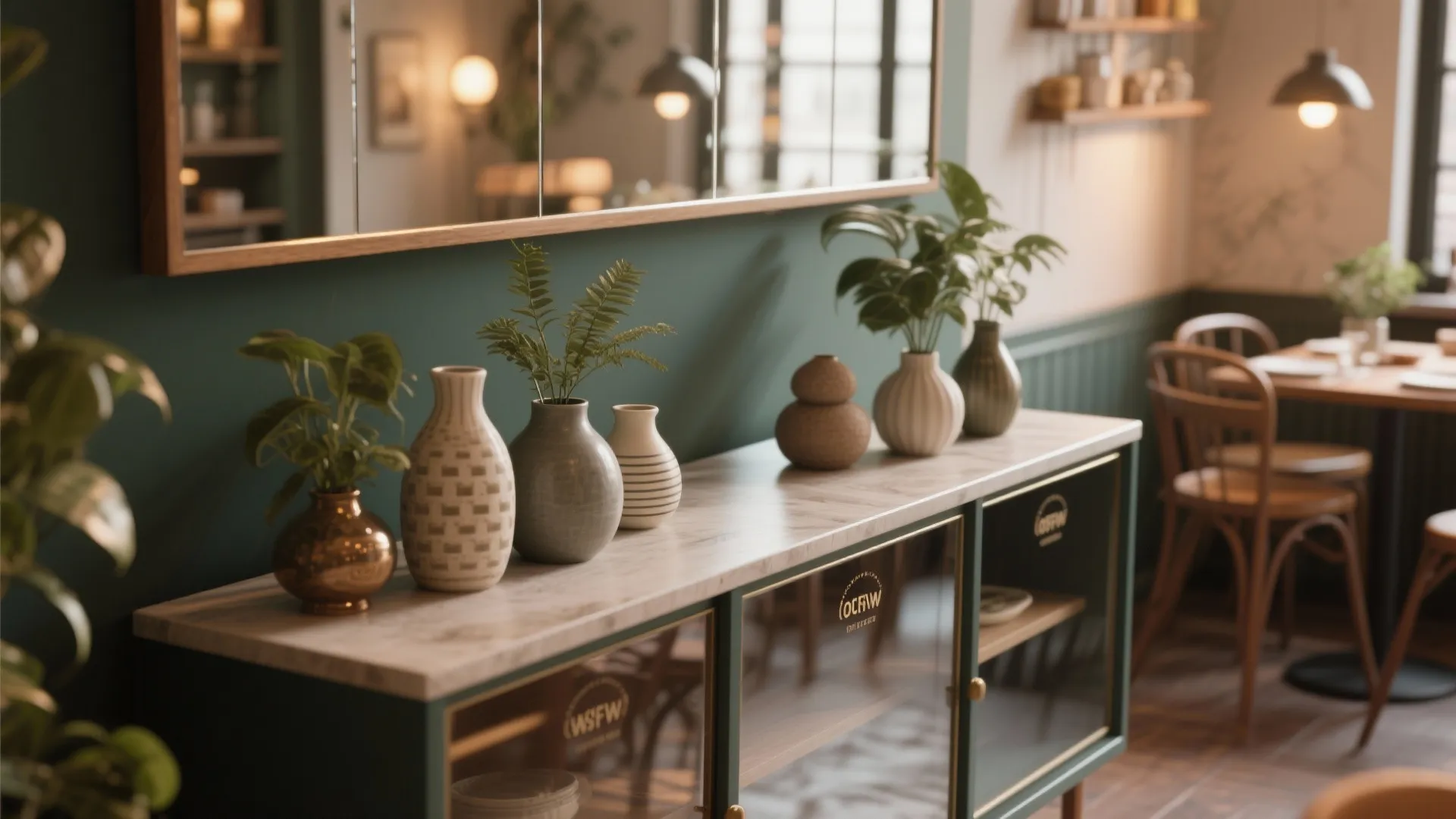 Mirrored sideboard backing reflecting stylish dining room decor
