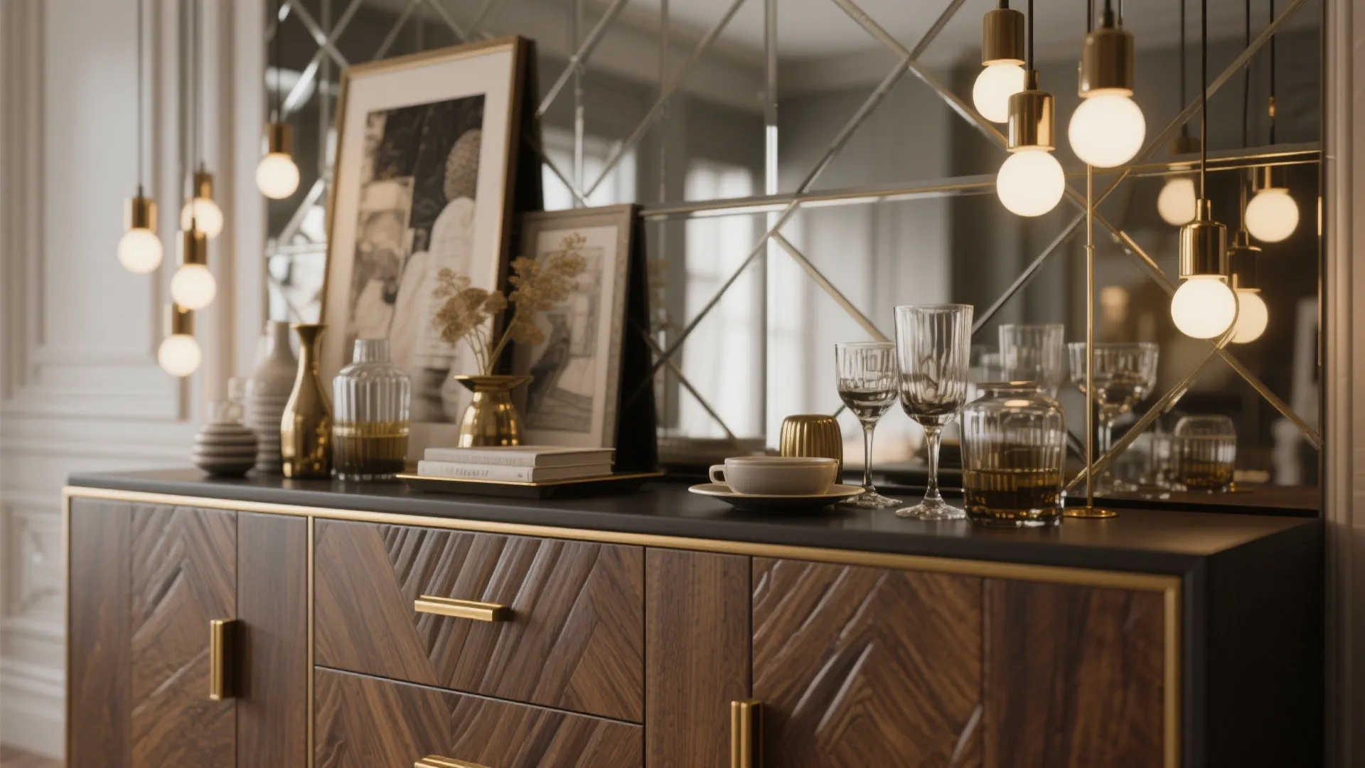 2. Mirrored backsplash behind a sideboard for layered texture