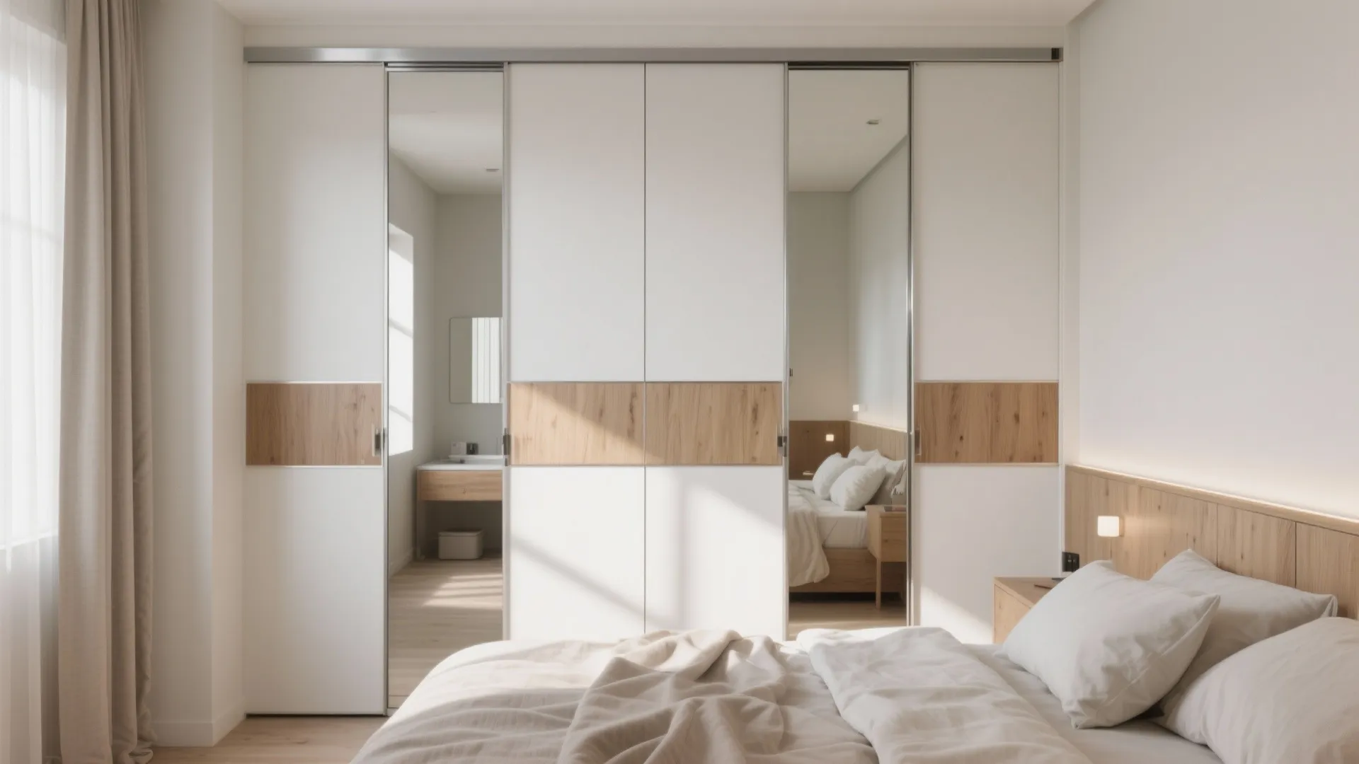 Modern white sliding wardrobe with mirrors and wood panels in a bright and sunny bedroom