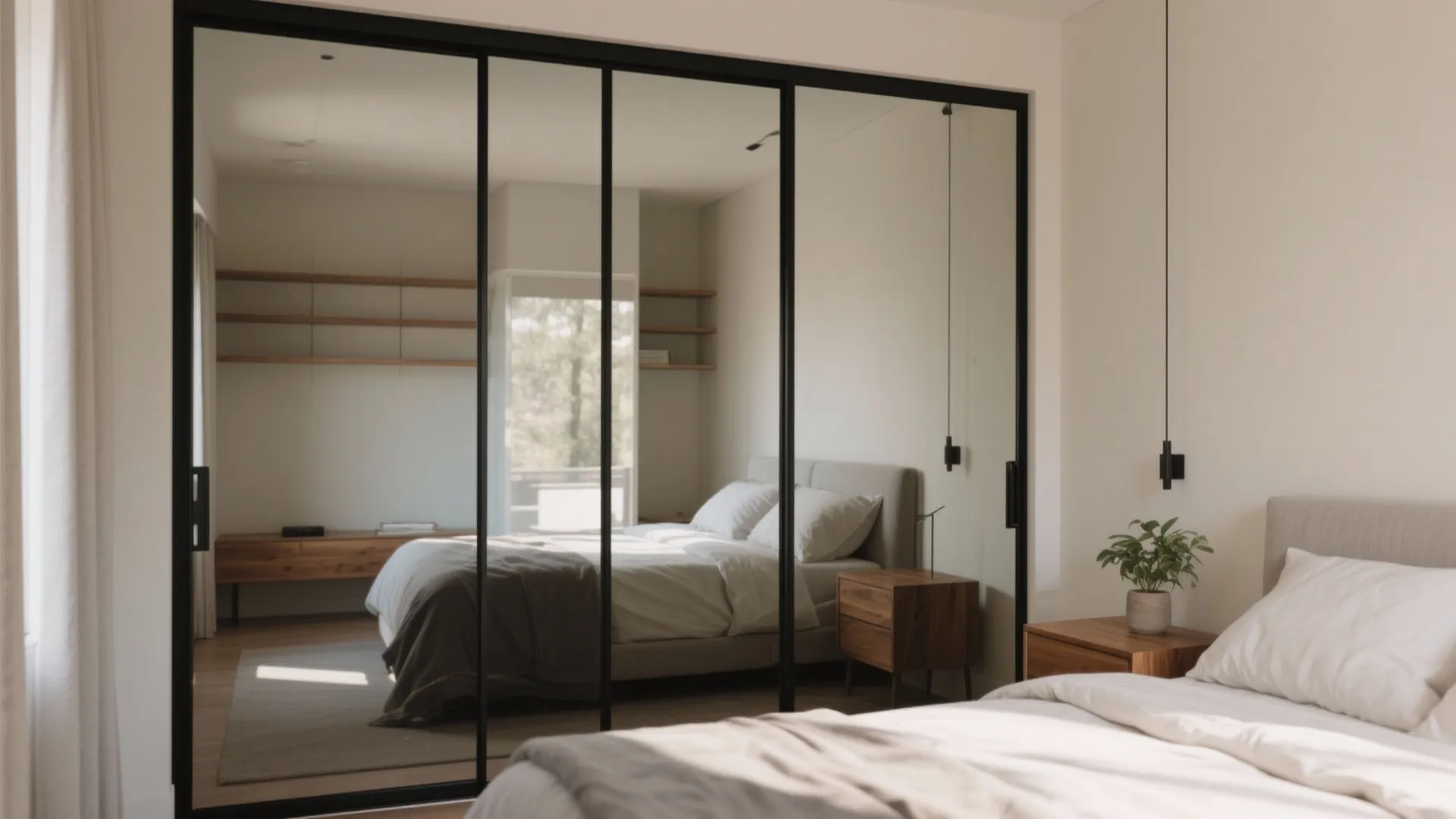 Modern bedroom with large mirrored sliding closet doors reflecting a bed and wooden bedside table