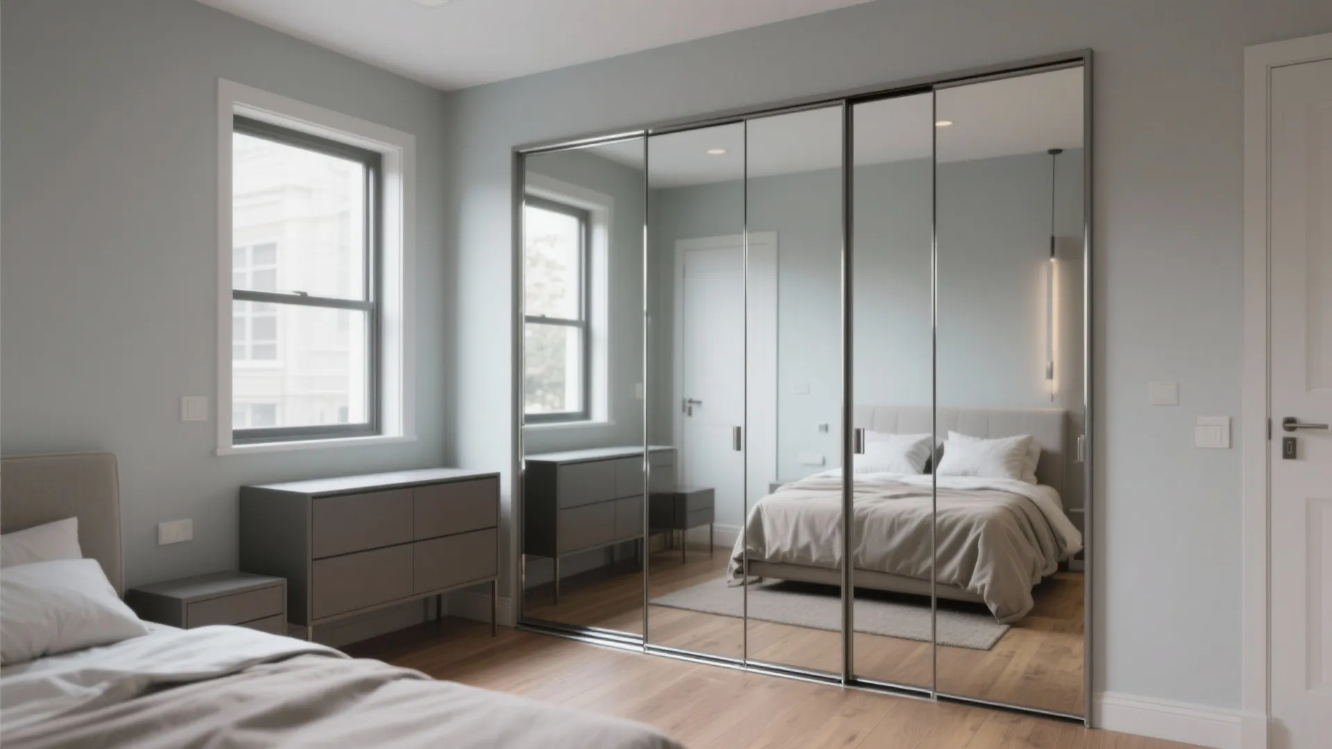 Modern bedroom with large mirrored sliding closet doors reflecting a bed and wooden floor design