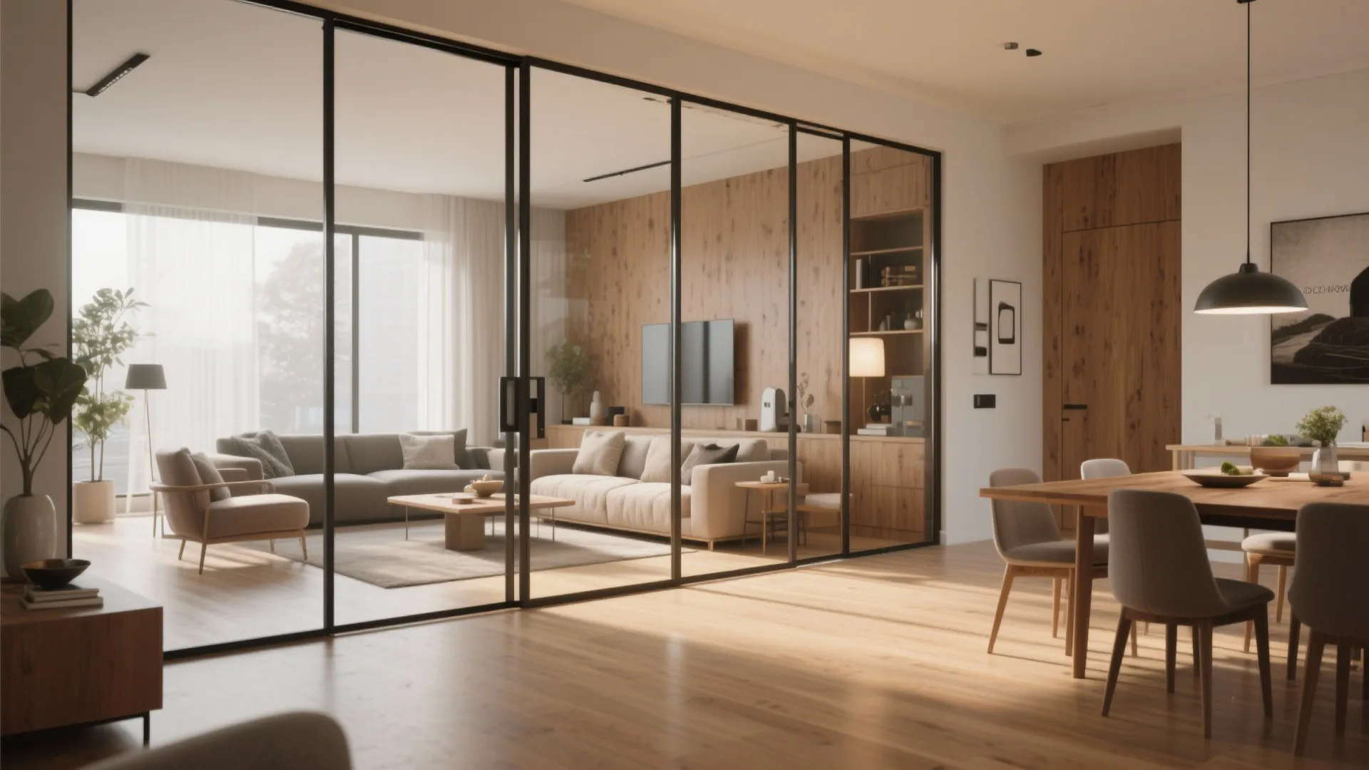 Modern living room with glass sliding doors wood wall panel grey sofa and dining table
