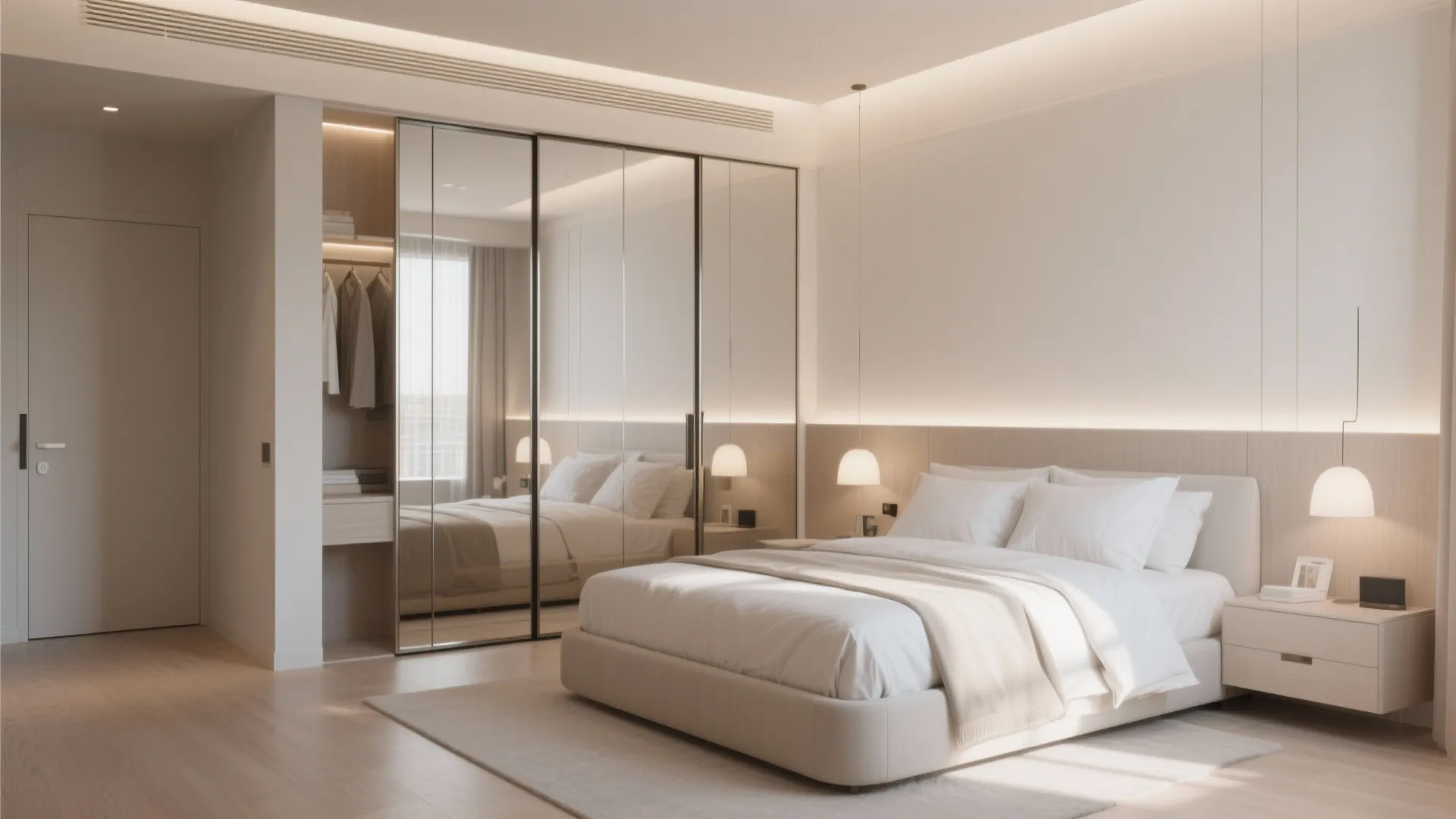 Minimalist bedroom featuring a large mirrored sliding door cabinet white bed and warm hanging light fixtures