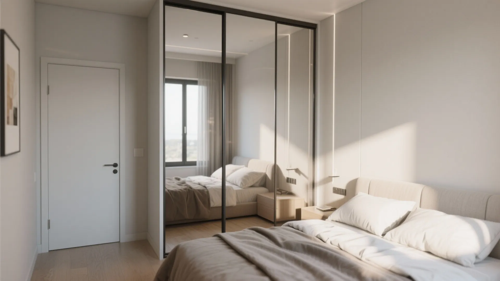 Modern bedroom with a large mirrored sliding cabinet reflecting the bed and a bright window