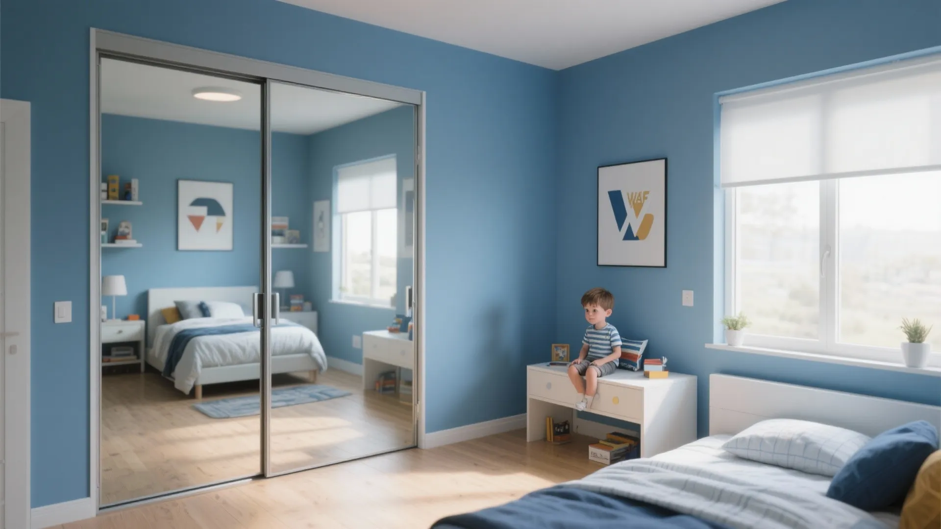 Small boys’ bedroom with mirrored sliding wardrobe