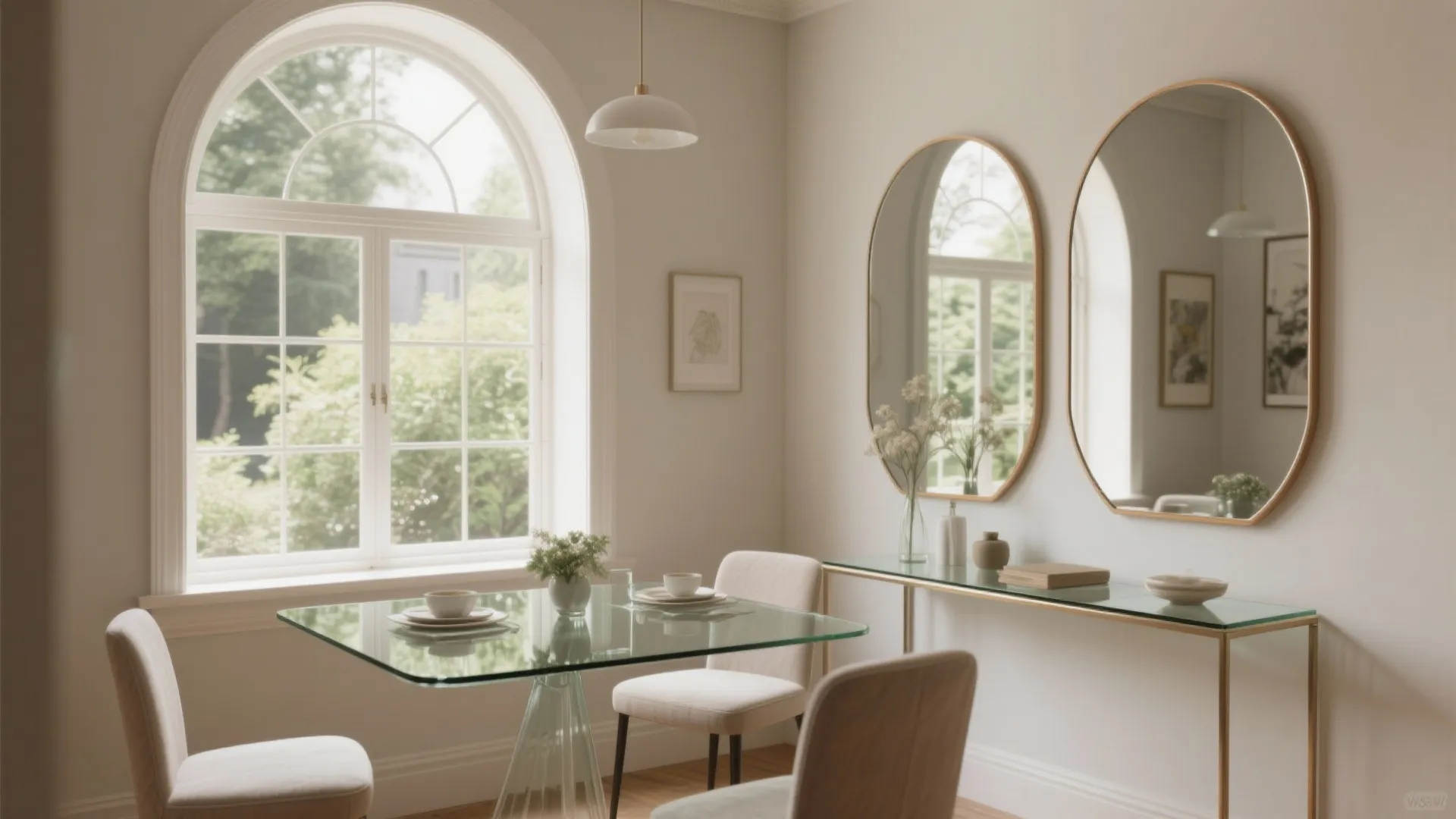 Minimalist dining room with glass table white chairs arched window oval mirrors and ceiling light