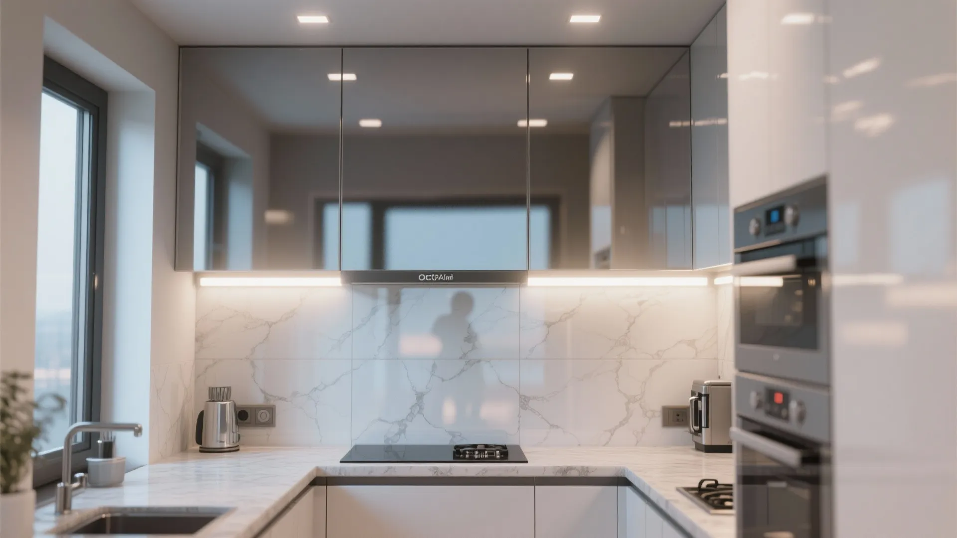 Modern kitchen featuring grey mirrored cabinets white marble wall panel under cabinet lights and electric stove