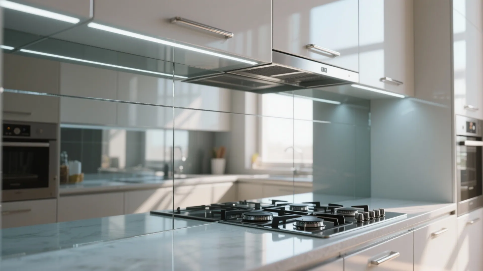 3. Mirrored Splashbacks and Glossy Surfaces