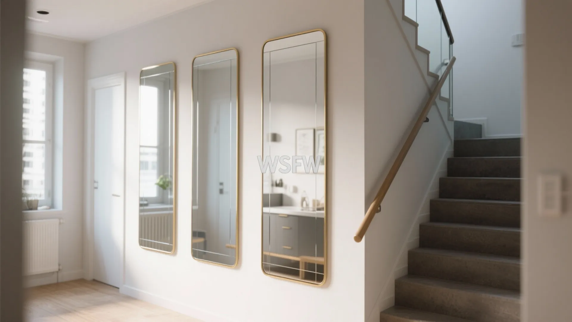Modern hallway featuring three large vertical mirrors with gold frames on a white wall staircase