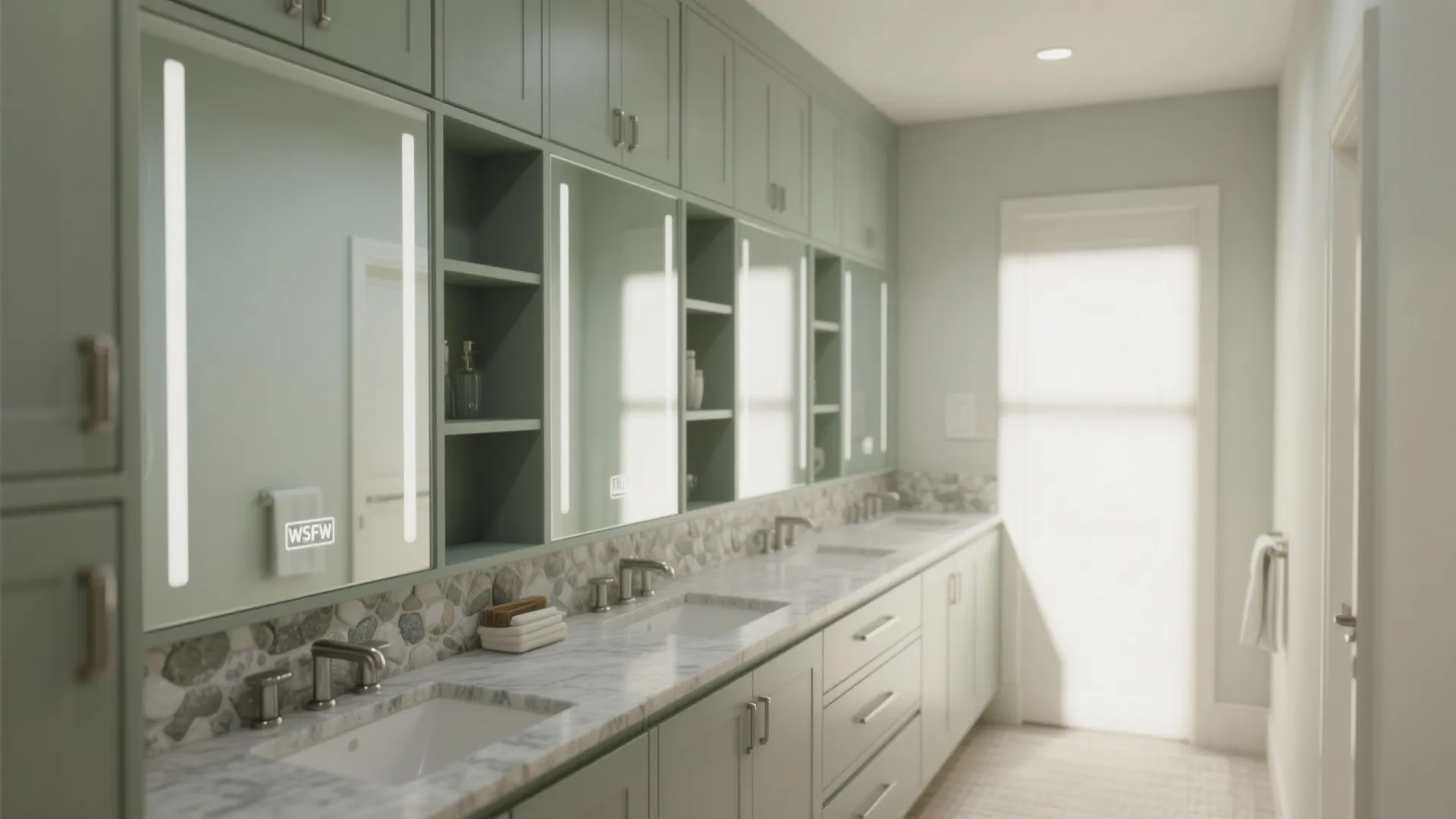 Modern bathroom with sage green cabinets large light mirrors marble countertop and pebble stone wall tiles