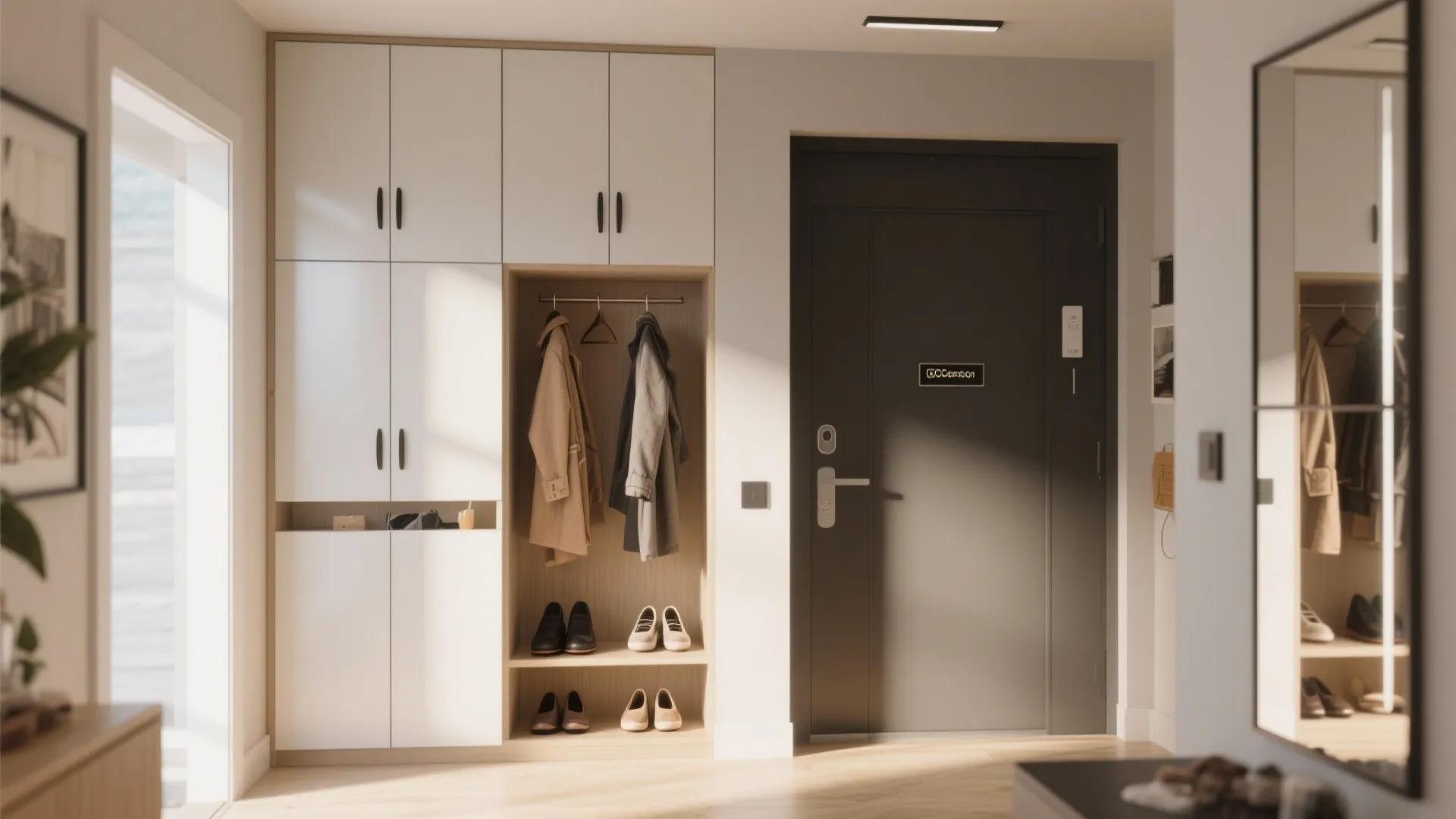 White entryway cabinet with coat rack and shoe shelf next to a dark grey door