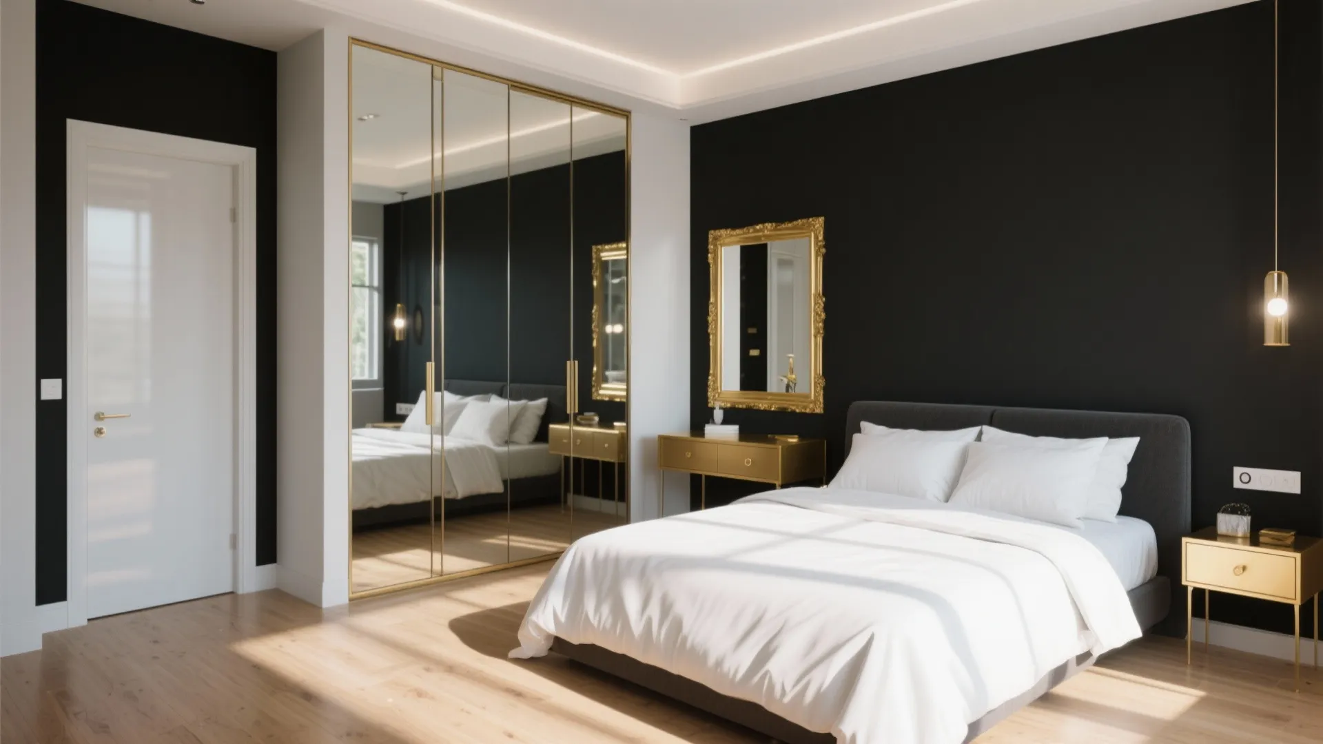 Compact queen bedroom with a slim mirrored wardrobe and gold-framed dresser reflecting light