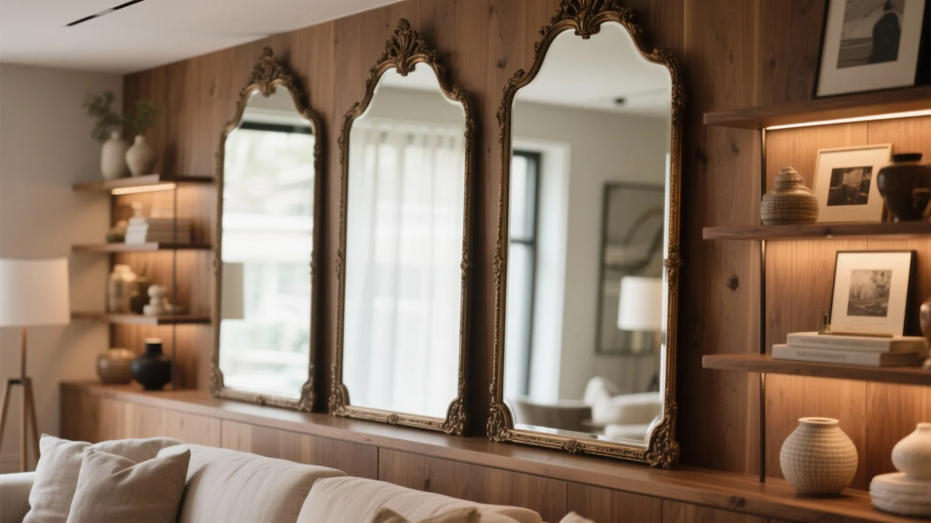 Three decorative gold mirrors leaning on a wood wall behind a sofa with wooden shelves