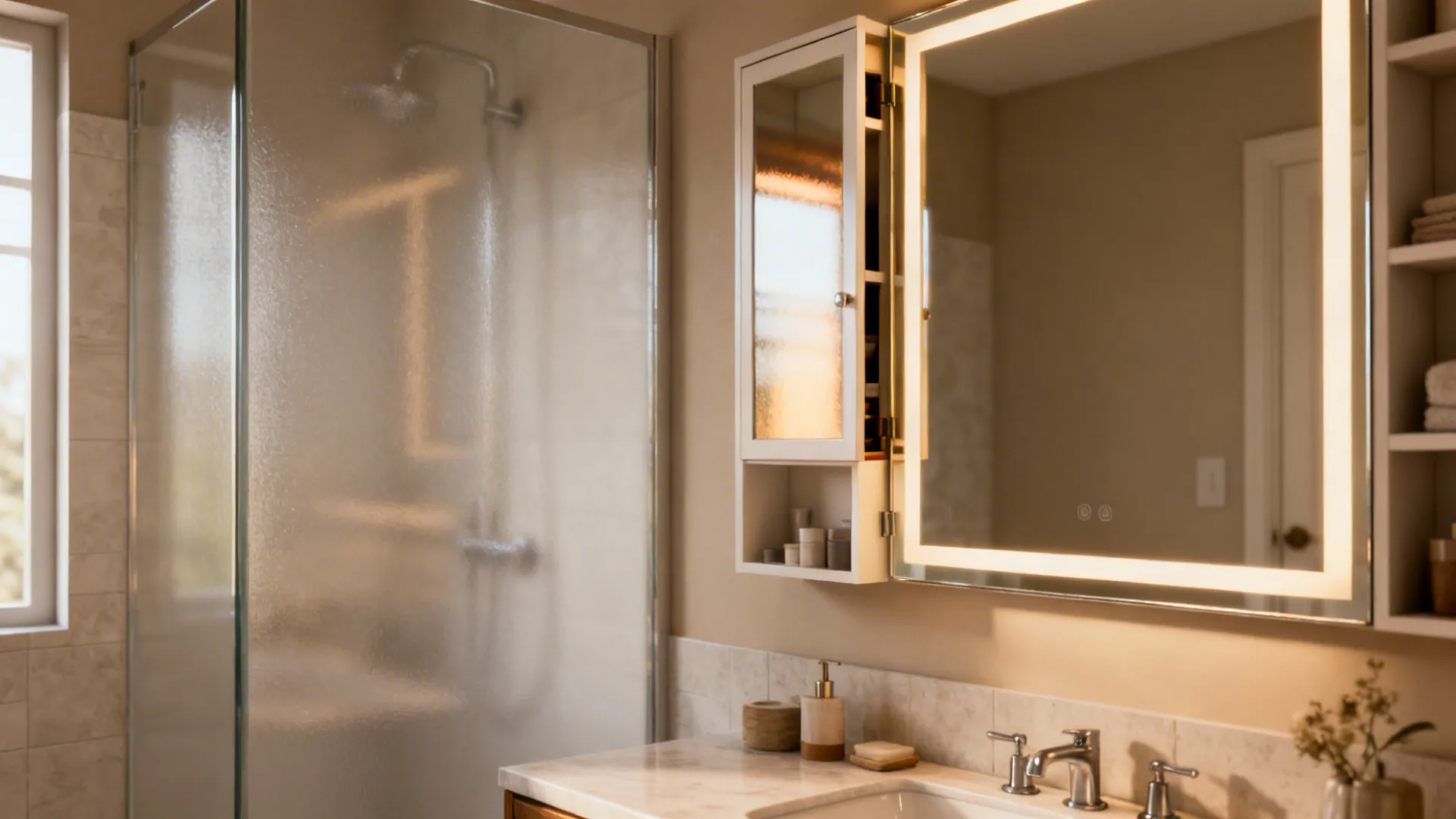 Mirrors and frosted glass in a small bathroom increasing perceived depth and light.