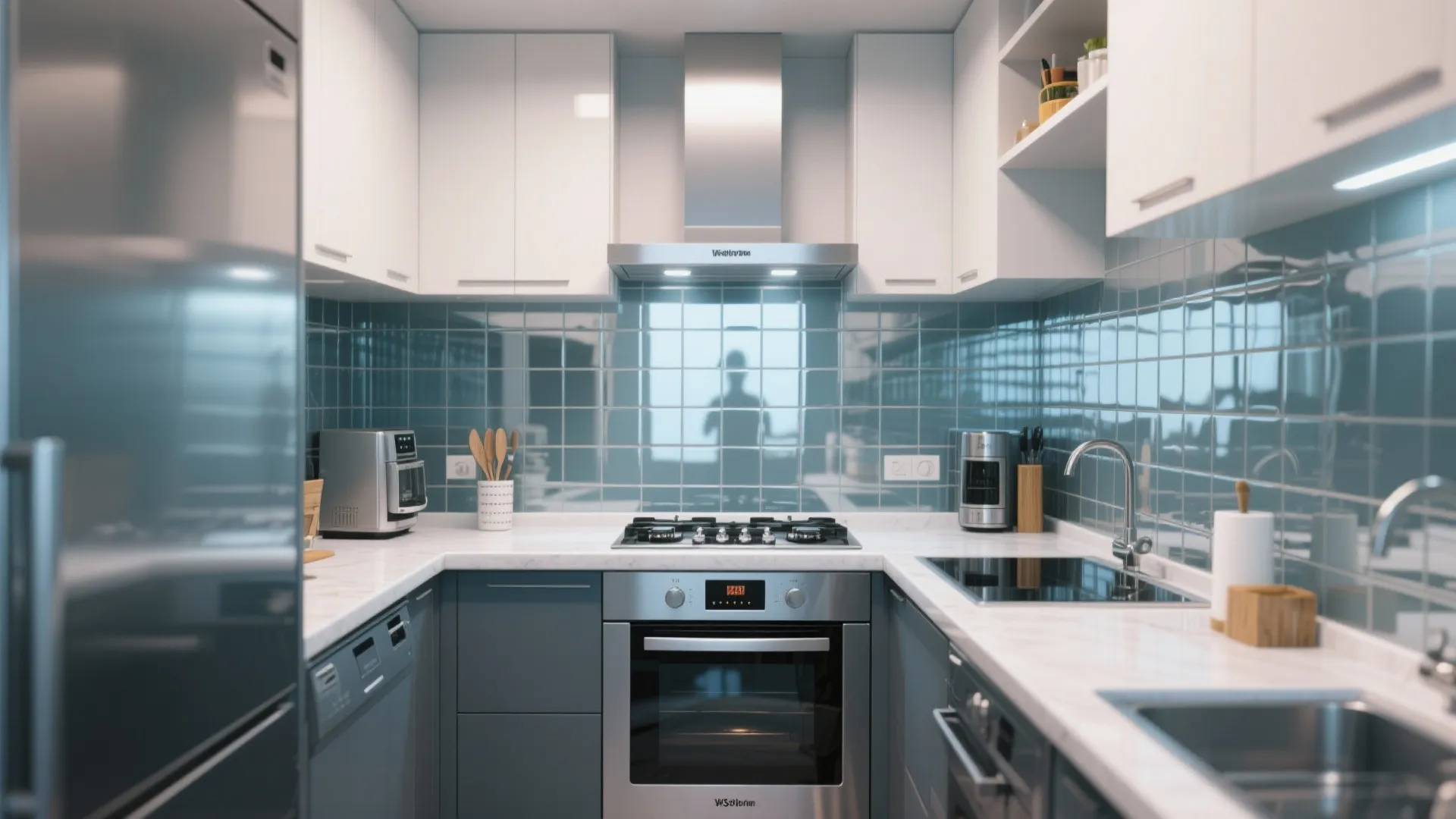 Modern grey kitchen with white marble countertops blue square tiles gas stove and stainless oven