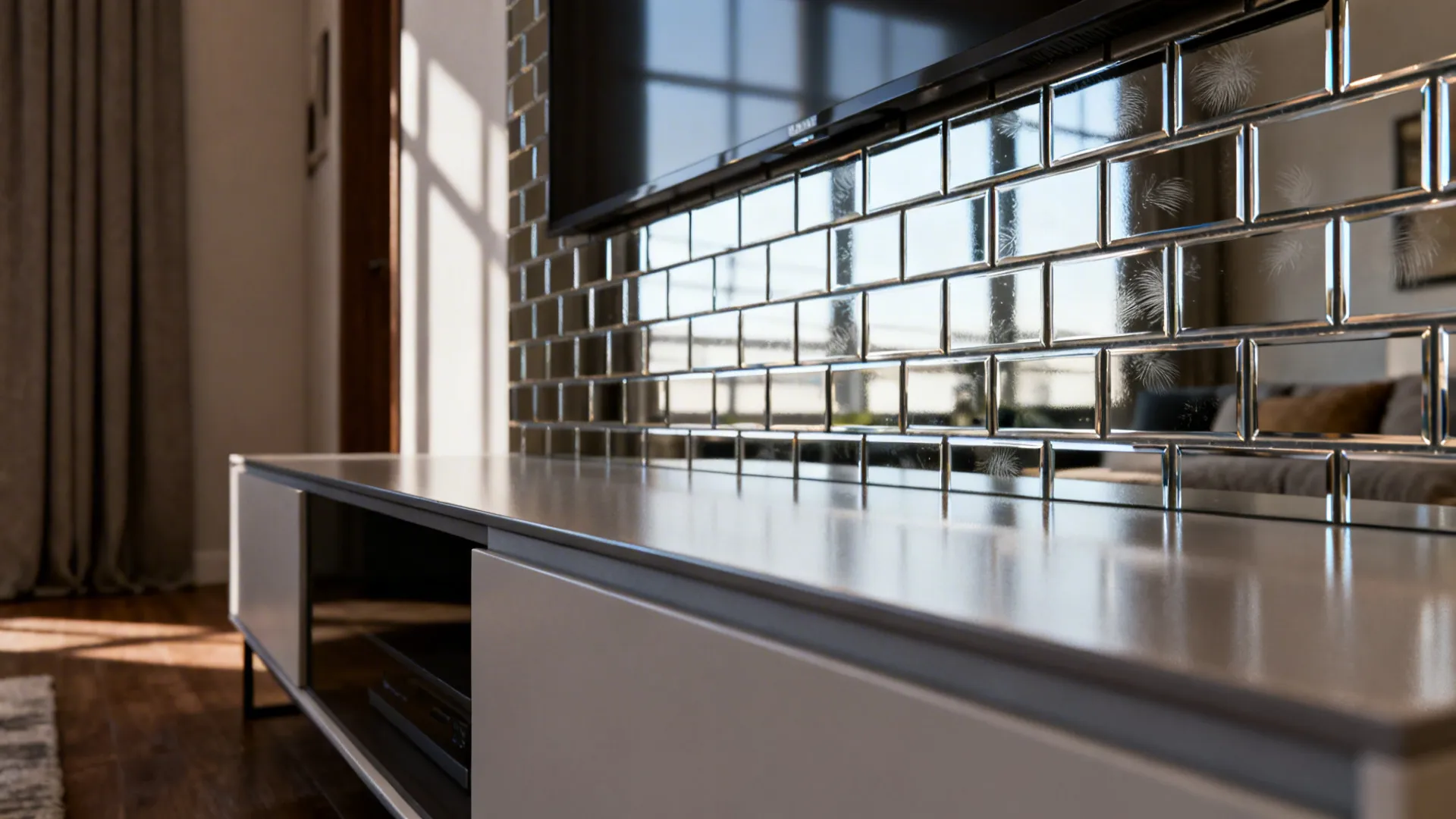 Slim mirrored panels behind a media console reflecting light to widen a narrow living room