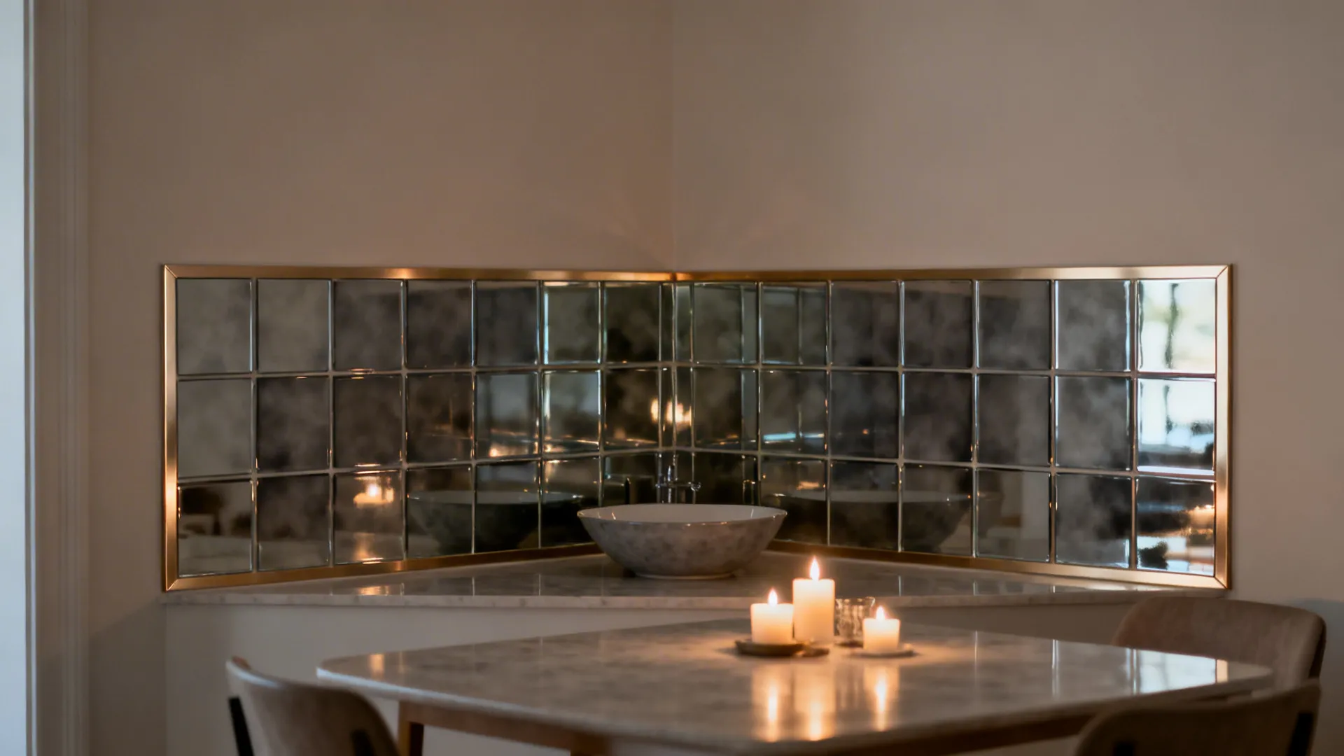 Smoke-tinted mirrored tile backsplash behind a small dining room basin, reflecting warm light.