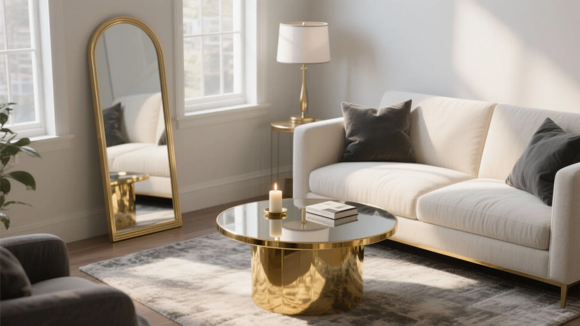 Gold side table with a round mirrored top reflecting window light in a small living room