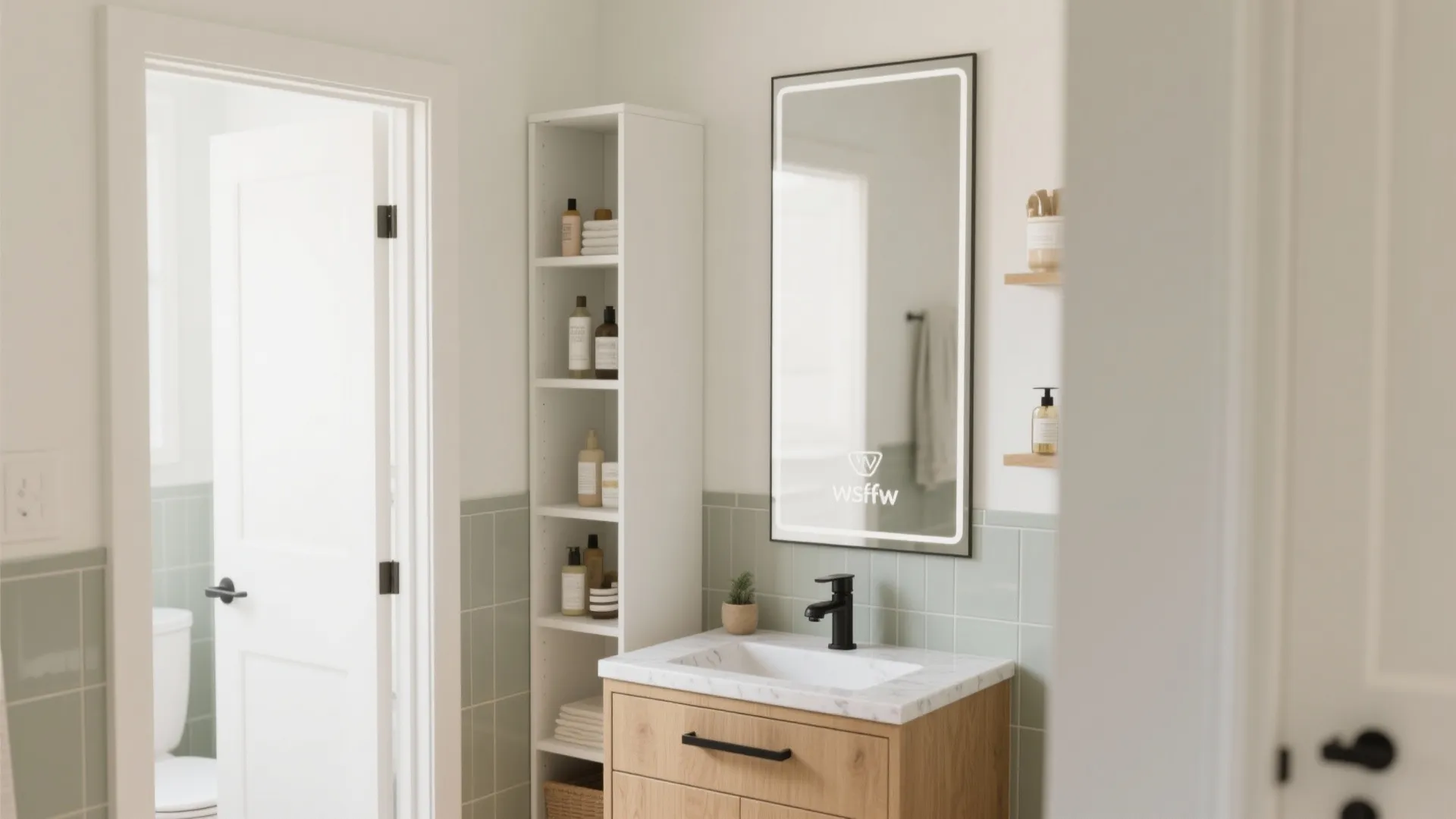 Modern bathroom with white sink wooden cabinet tall storage shelf lighted mirror and green tiles