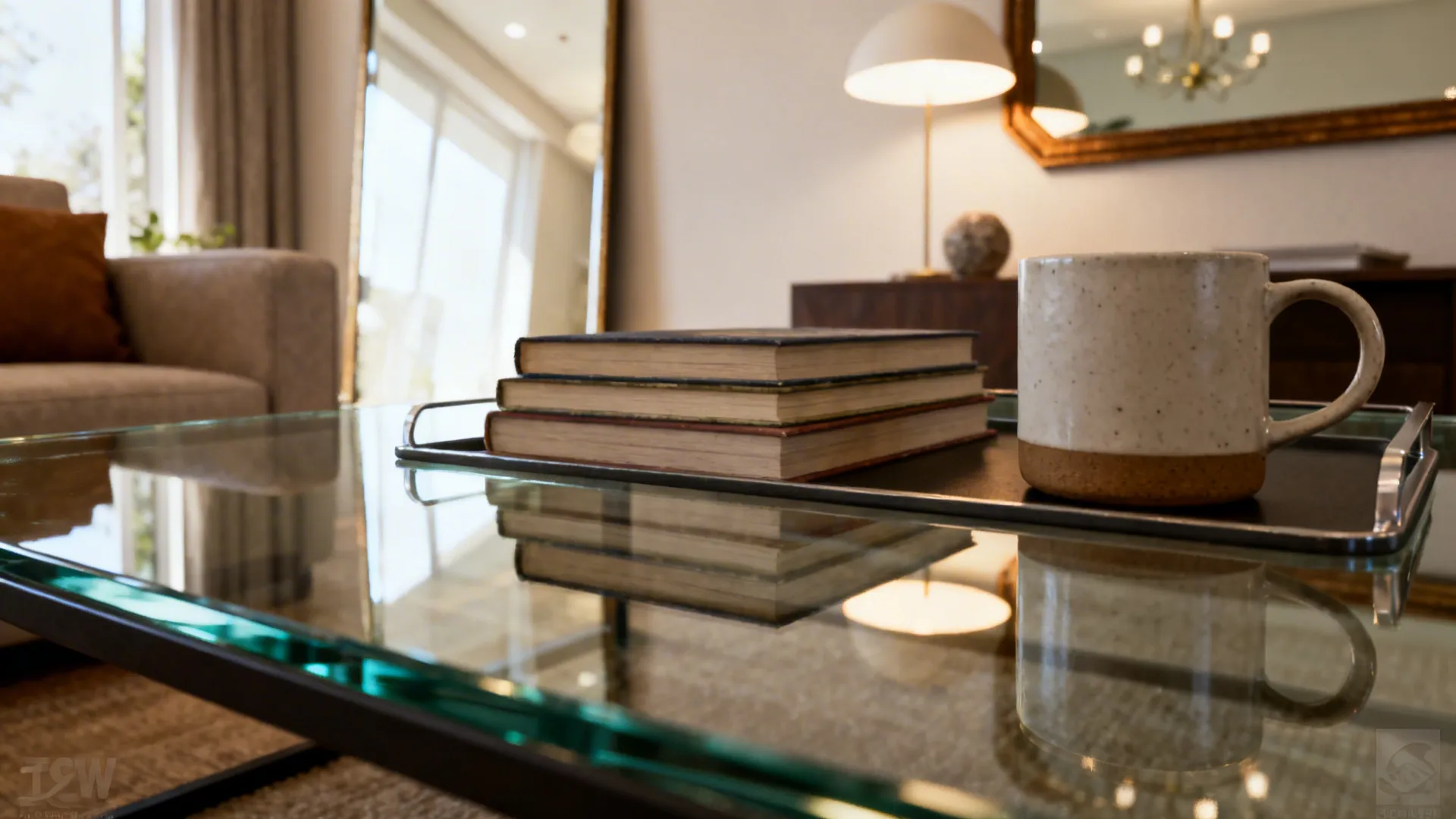 Mirrored tray on a coffee table reflecting decor and a wall mirror in a cozy living room.